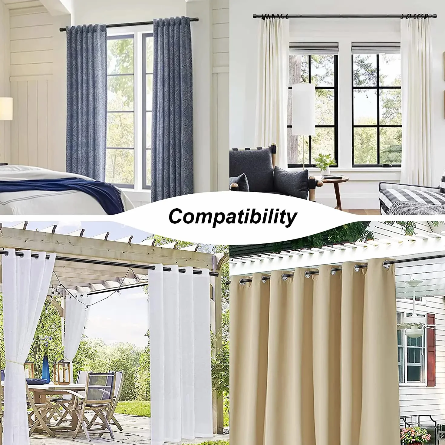 Tringle à Rideaux Extensible 76-116cm Acier Inoxydable 16mm Noir Mat