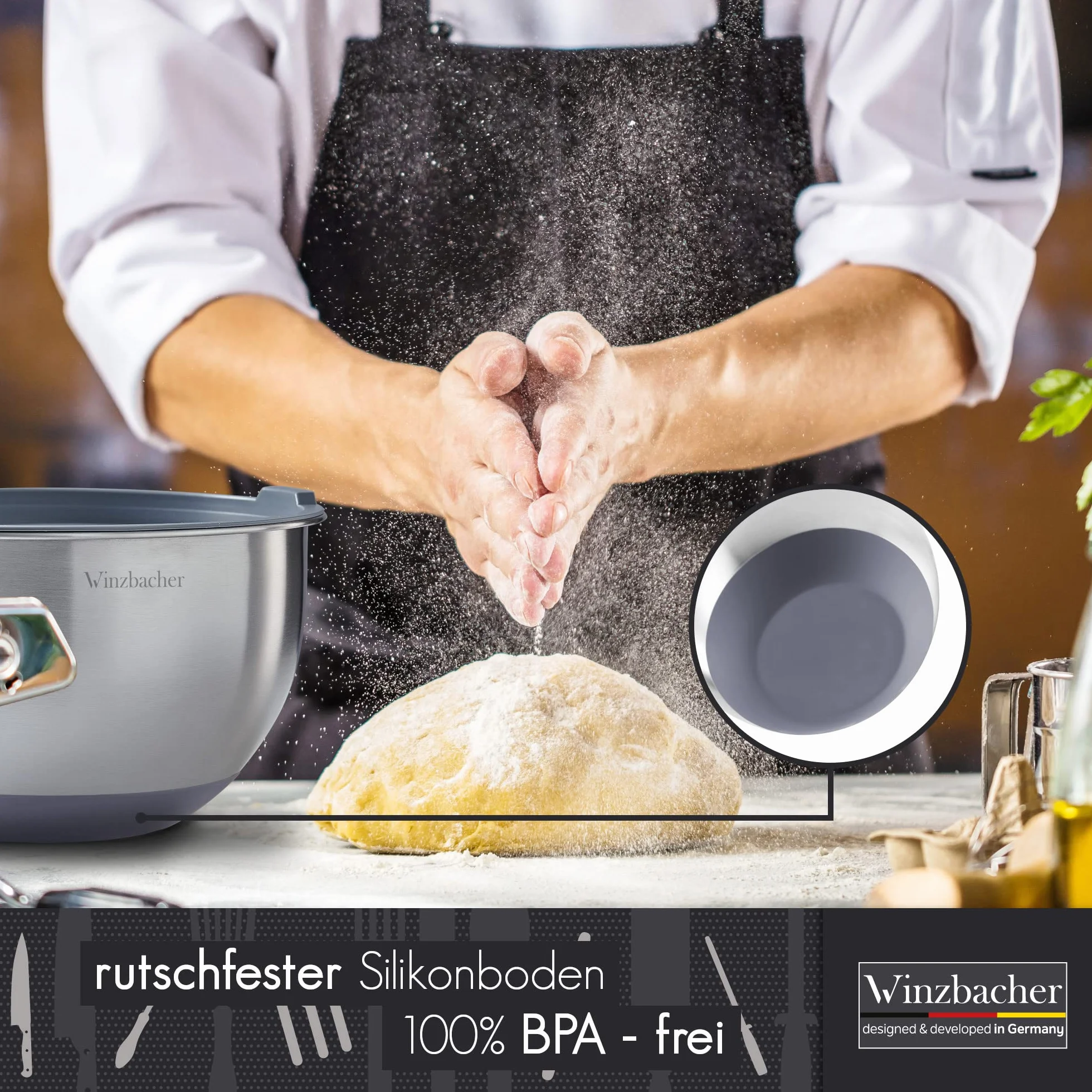 Winzbacher Bol en acier inoxydable avec couvercle [Lot de 5] 1 l + 1,5 l + 2,5 l + 3,5 l + 4,5 l | Bol à mélanger, saladier, set de bols | antidérapant | empilable | râpe incluse