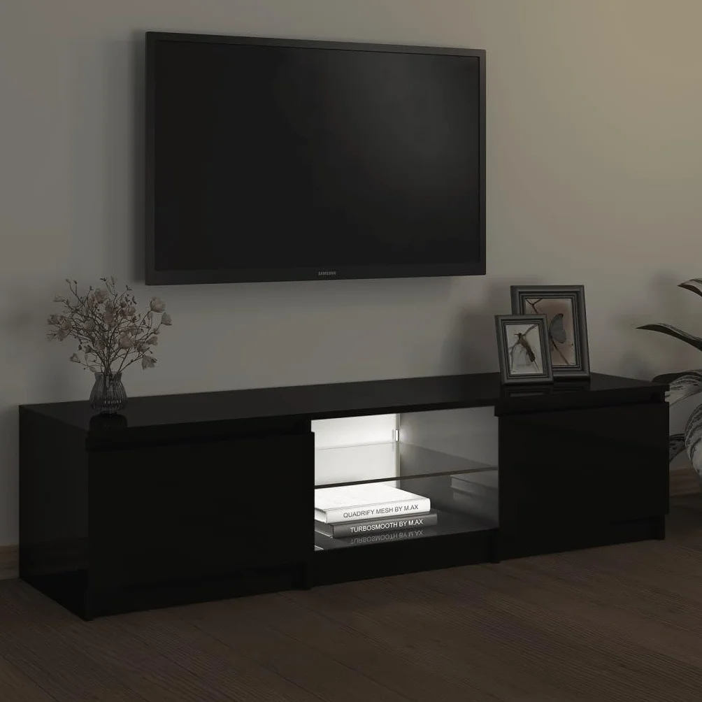 Meuble TV LED Moderne et spacieux avec éclairage RGB en Bois Noir de 140 cm Ameublement et Décoration, Meubles TV