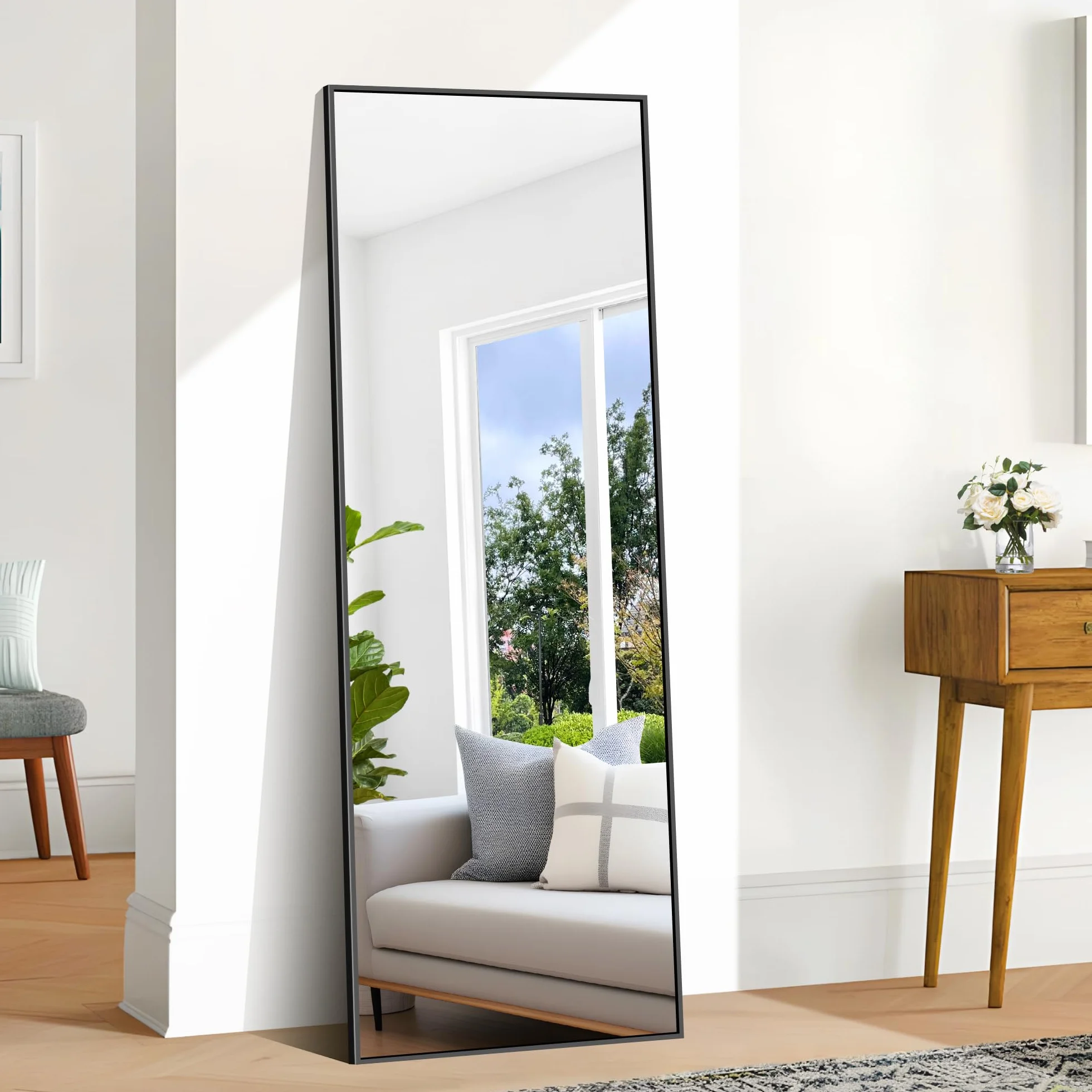 BONEWEI Miroir Pleine Longueur 161 x 52 cm Cadre Aluminium Noir Grand Miroir Mural Rectangulaire Penché Suspendu
