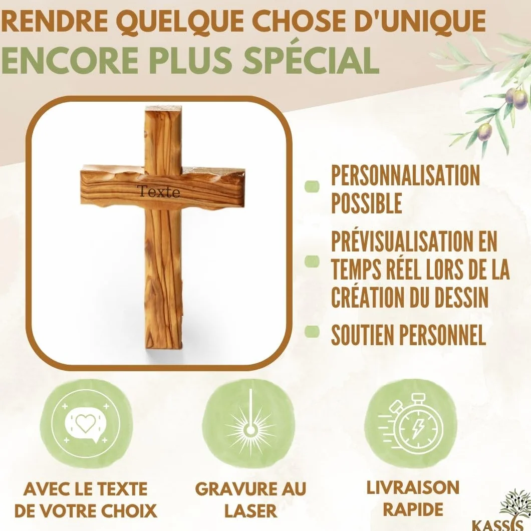 Croix murale en bois d'olivier 12 x 8 cm – Décoration pour confirmation, baptême