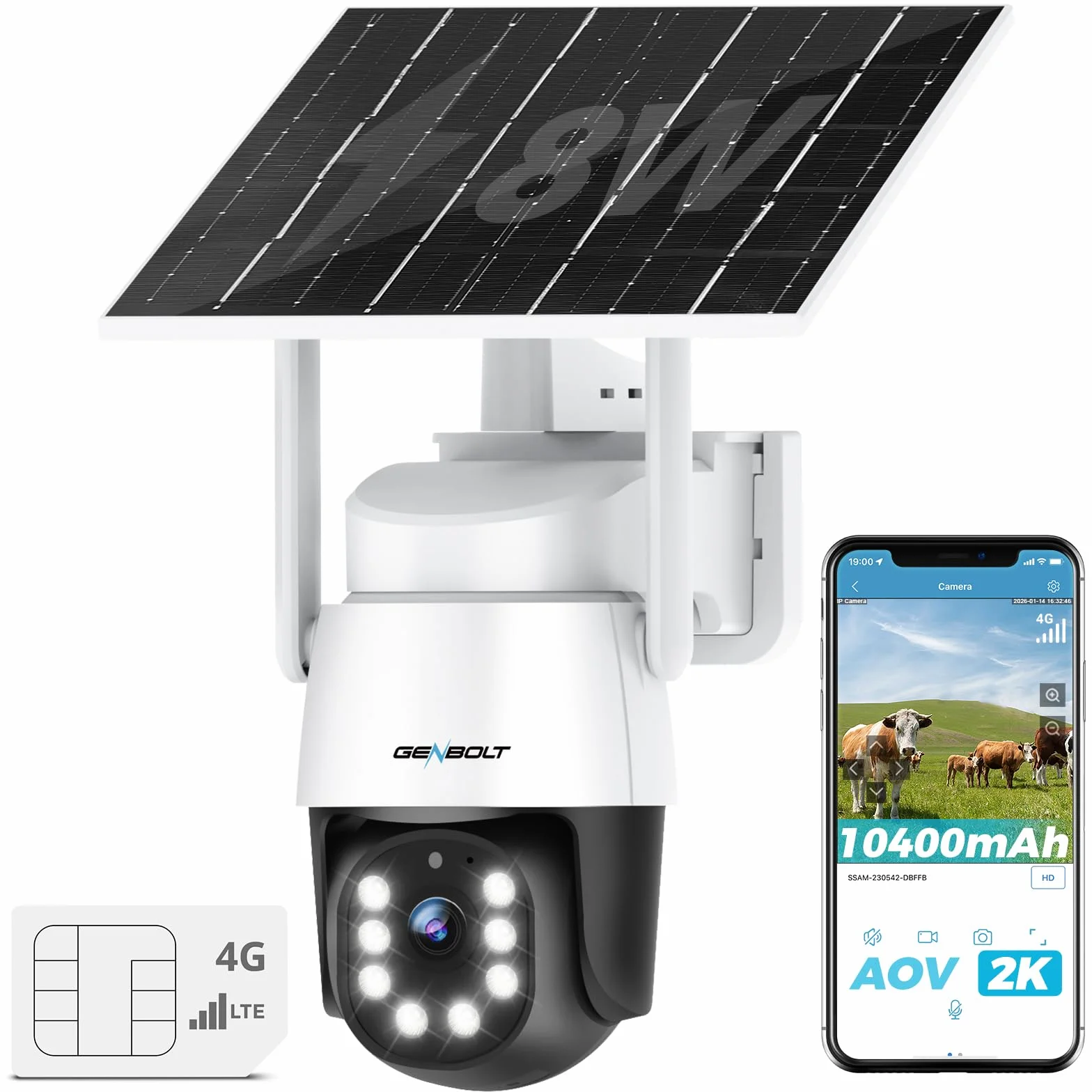 GENBOLT 4G AOV Kamera Zewnętrzna Solarna(Bez WiFi),Nagrywanie 7/24 3MP IP Zewnętrzna Kamera Monitoringu CCTV z Kartą SIM, Odległość Wykrywania AI 90 Stóp,Akumulator 8W 10400mAh,Funkcja Noktowizyjna
