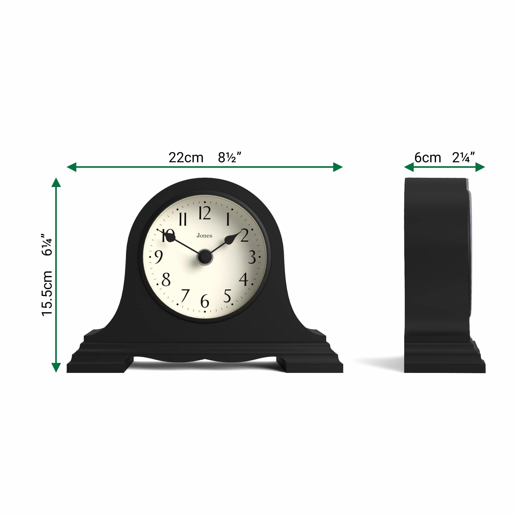 JONES CLOCKS® Speakeasy Petite Horloge à cheminée | Conception Classique du Chapeau de Napoléon | Noir | Style Classique Contemporain pour Bureau, Table, étagère ou Table de Chevet