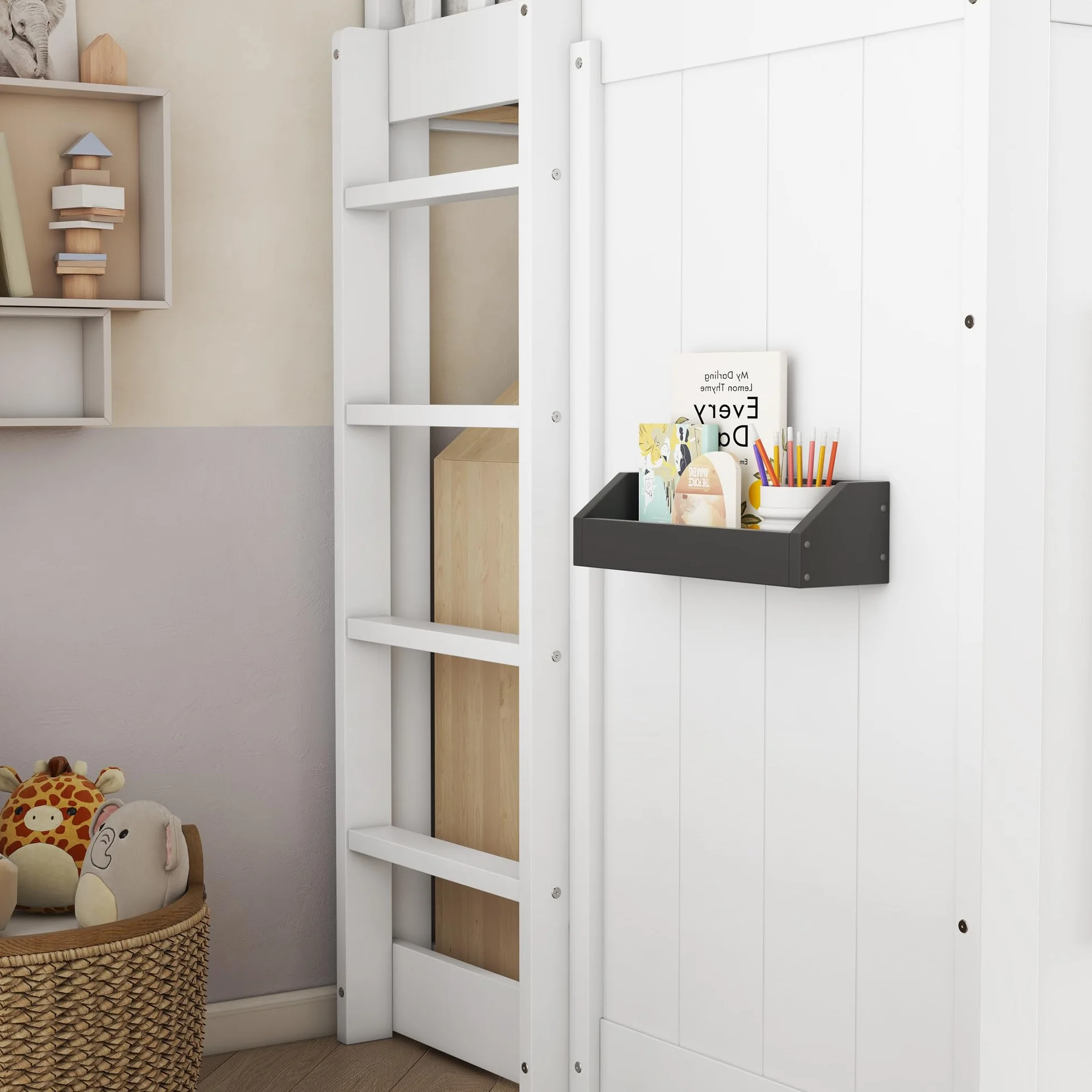 Lit cabane Enfants 90x200 avec Escalier, Lit Enfant avec Fenêtre et Rangement Sous le Lit Modulable, Lit Superposé Enfant Simple avec Barrière Anti-Chute et Rambarde, Structure en pin et MDF, Blanc