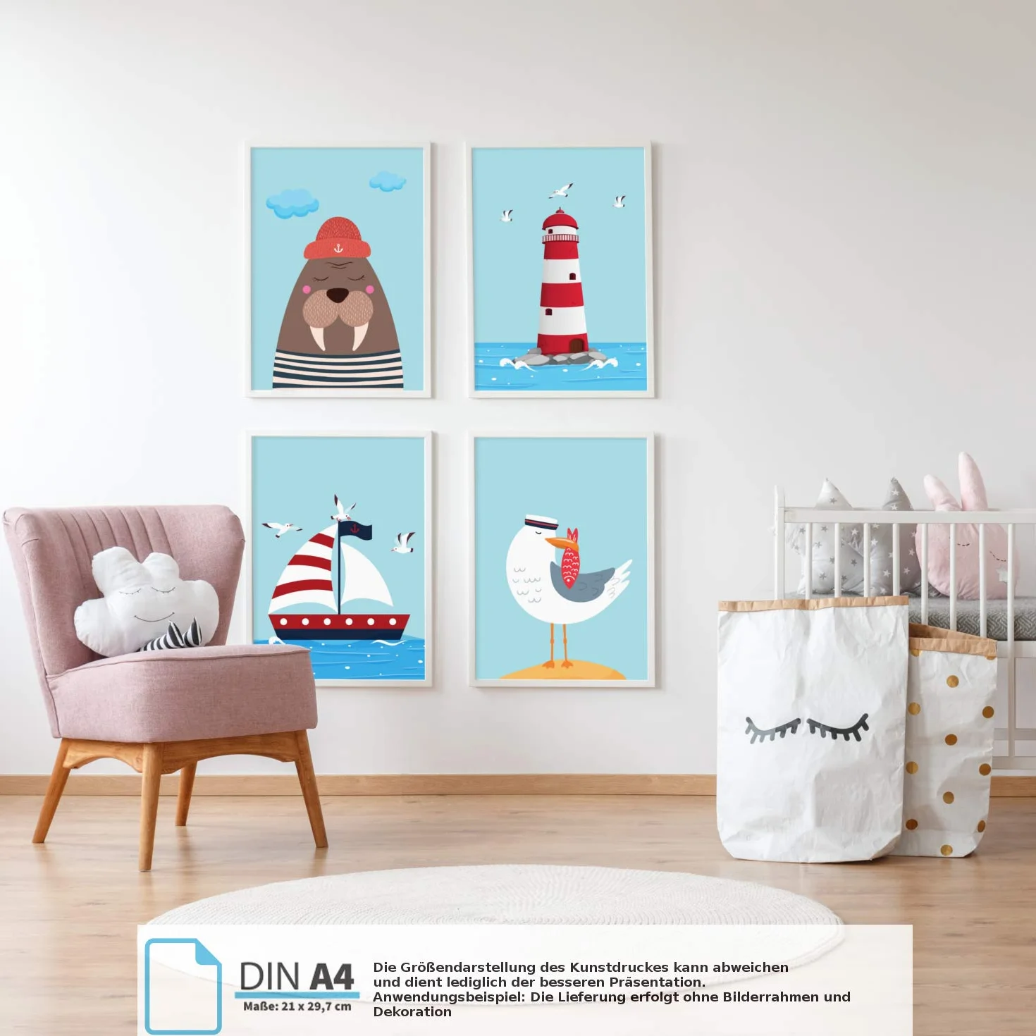 Lot de 4 posters décoratifs pour chambre d'enfant, format DIN A4, motifs voile maritime mouettes