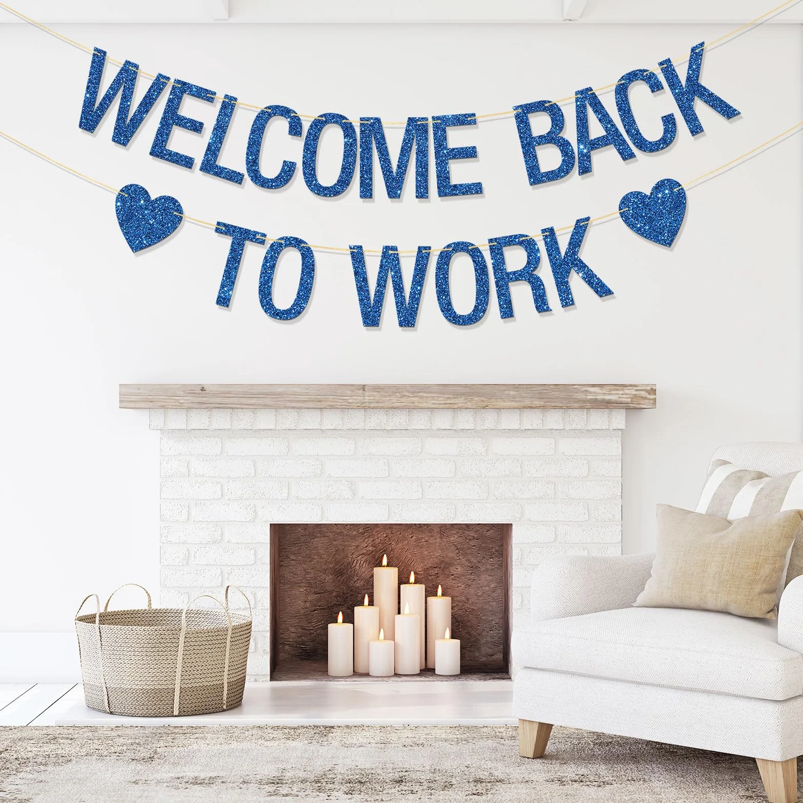 Bannière Welcome Back to Work – Décorations de fête de bureau – Retour au travail – Paillettes bleues