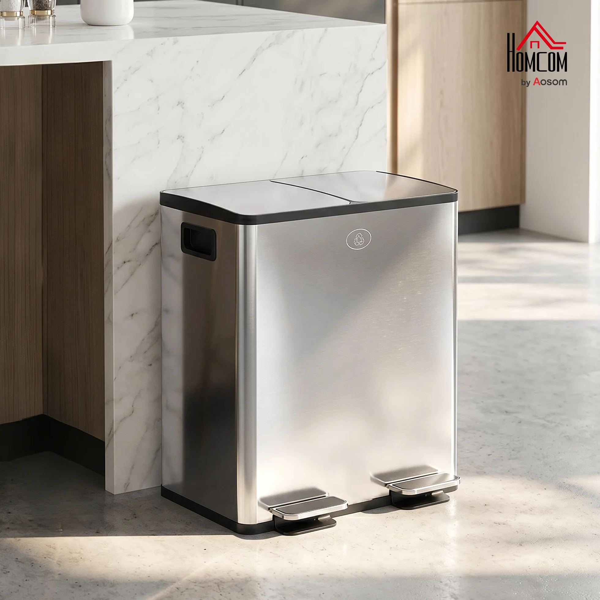HOMCOM Poubelle à Double Compartiment 2x20L, Acier Inoxydable, Pédale, Couvercle Doux, Argent