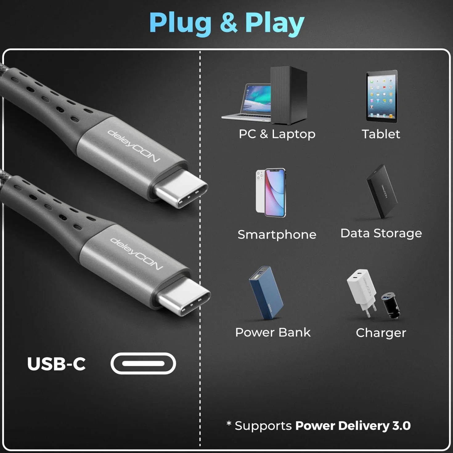 deleyCON 0,5m USB C Kabel PD3.0 (100W Szybkie Ładowanie + Przewód Danych 5 Gbit/s) Krótki Kabel Ładowania USB-C do iPhone 17 16 15 Pro Max Air Galaxy S26 S25 S24 Pixel iPad Pro MacBook Air Tablet PS5
