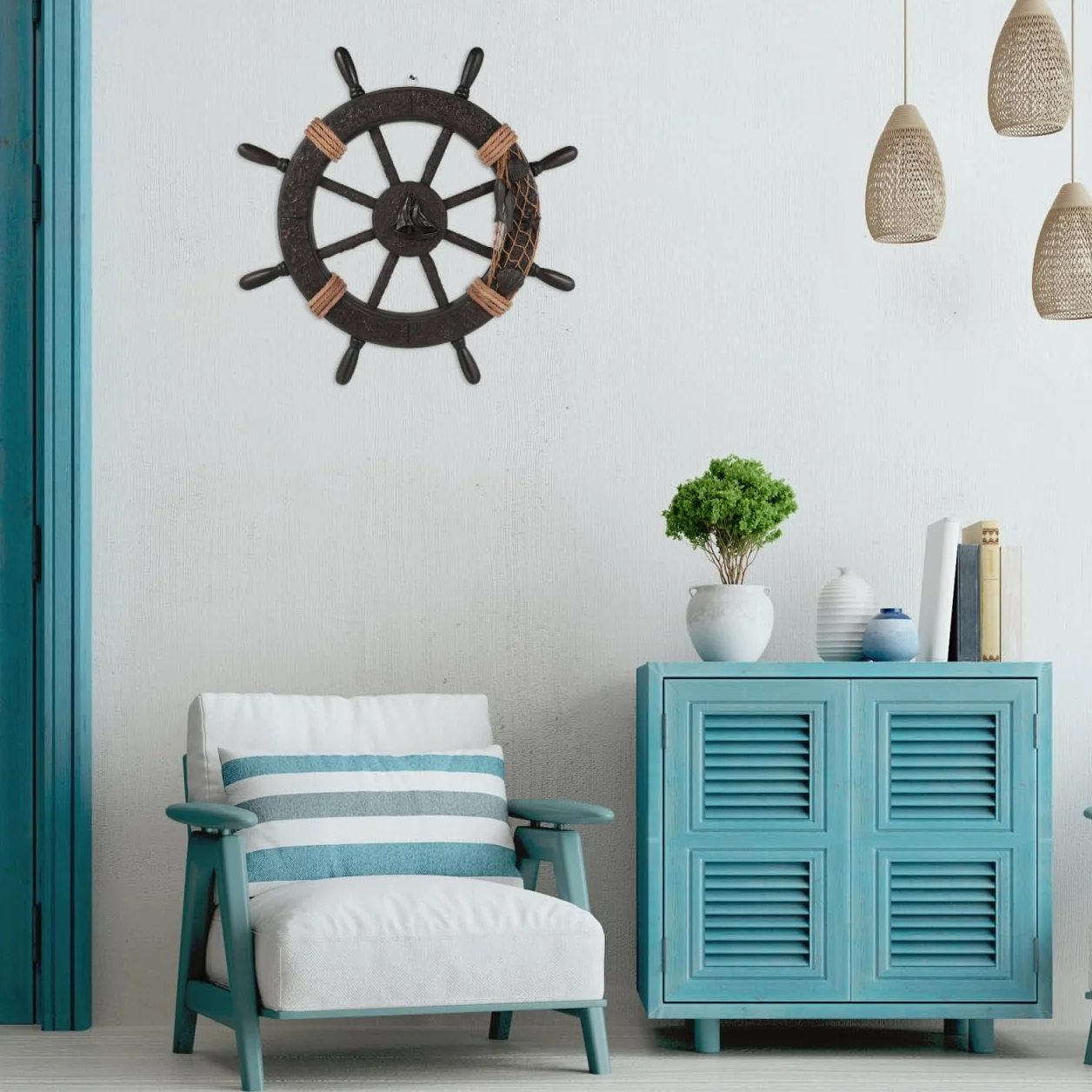 IMIKEYA Décoration Murale en Bois Forme Bateau Pirate - Volant Rustique - Ornement Nautique Suspendu Maison Bureau