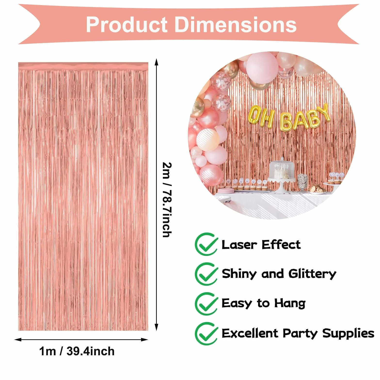 Rideau Métallique à Franges Paillettes Brillant 1x2M Or Rose pour Décoration Fête Noël Mariage