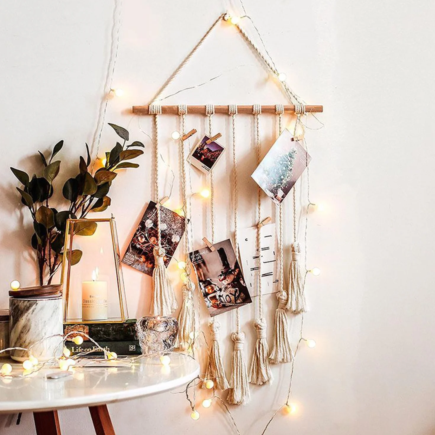 Cadre photo macramé fait main avec franges - Décoration murale bohème pour chambre à coucher