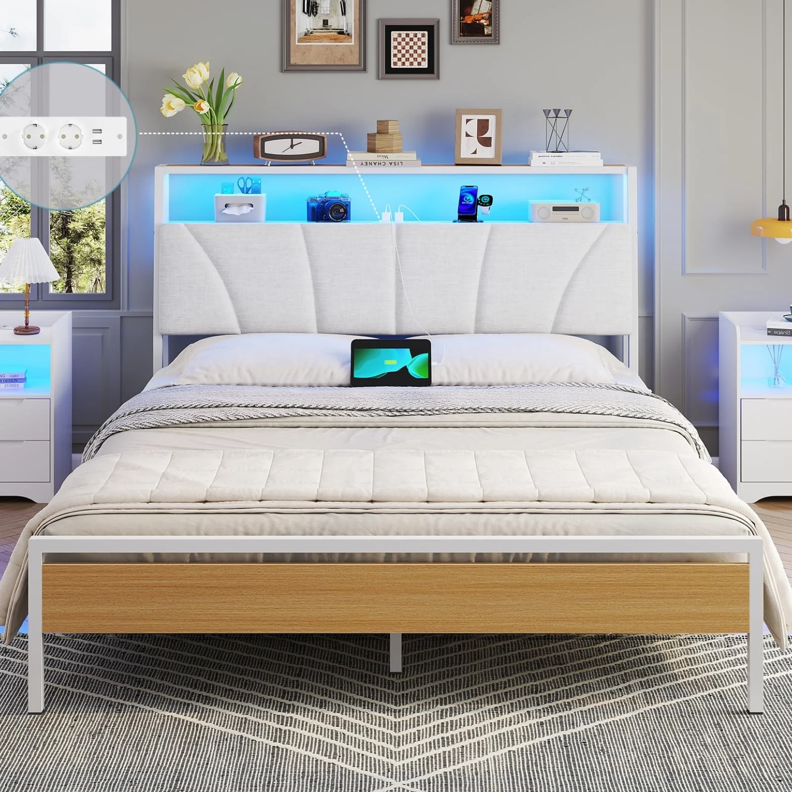 Brinlawb Cadre de Lit 140 x 190 avec Sommier en Métal, Lit 2 Personnes avec Lumières LED et Multiprise (2 Prises AC,2 Ports USB) lit Double 140x190cm avec Rangement, Facile à Assembler, Moderne, Blanc