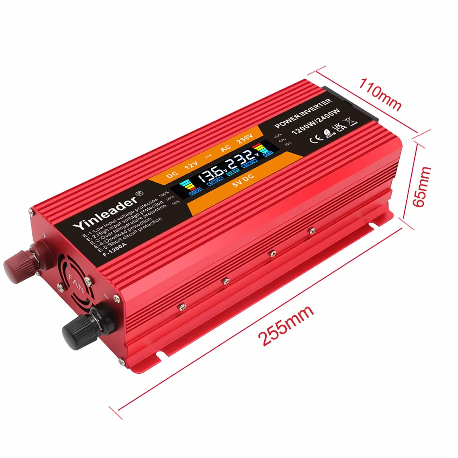 Yinleader Przetwornica napięcia 1200 W/2400 W 12 V 230 V falownik Dual USB Power Inverter z 1 gniazdem i wyświetlaczem LCD, do samochodu, czerwony