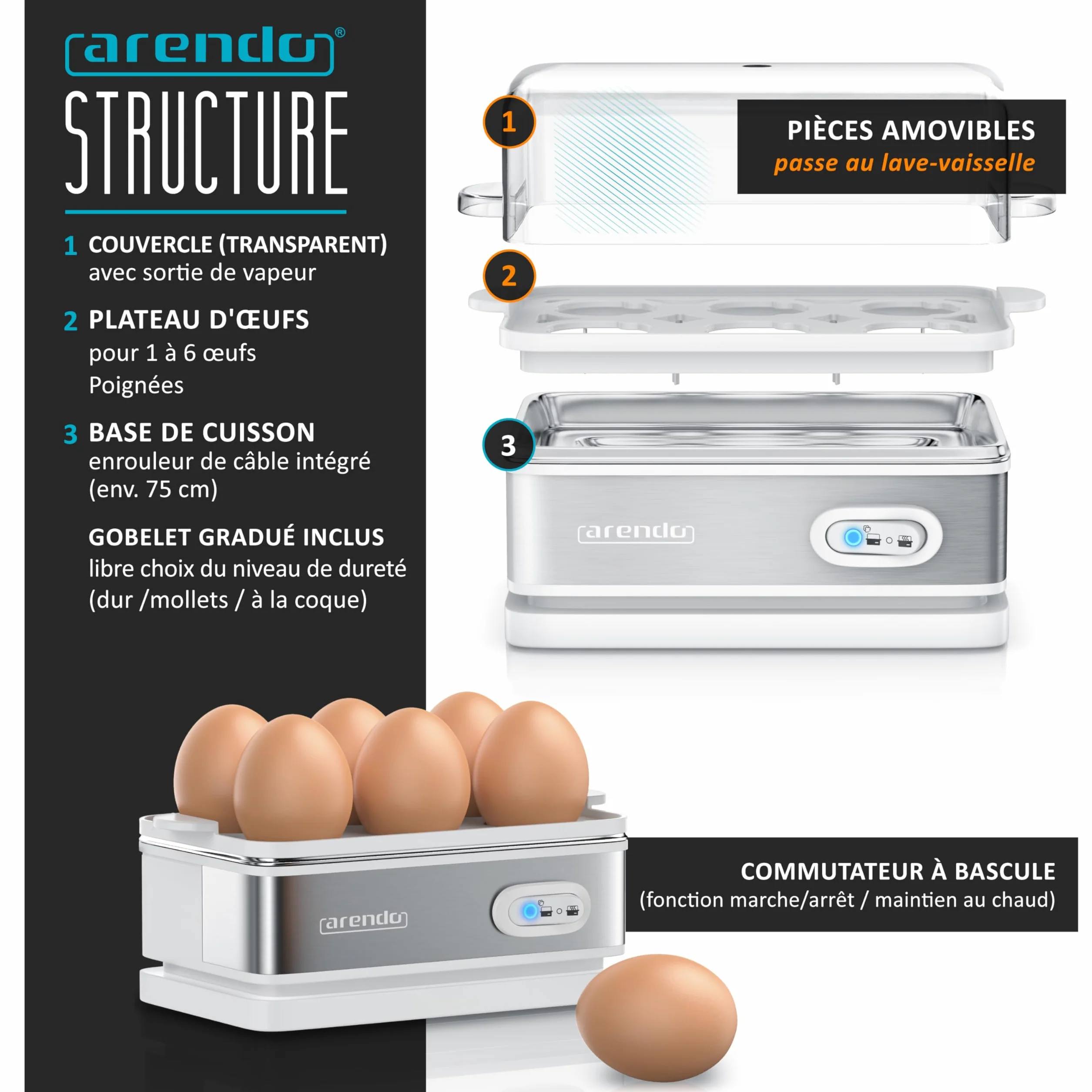 Arendo Ensembles Bouilloire et grille-pain et cuiseur à oeufs Bouilloire en inox 1,5L 40°-100°C, Toaster 2 Tranches Ecran LED 6 niveaux de brunissage Cuiseur à oeufs 1-6 oeufs, Verre doseur, Blanc