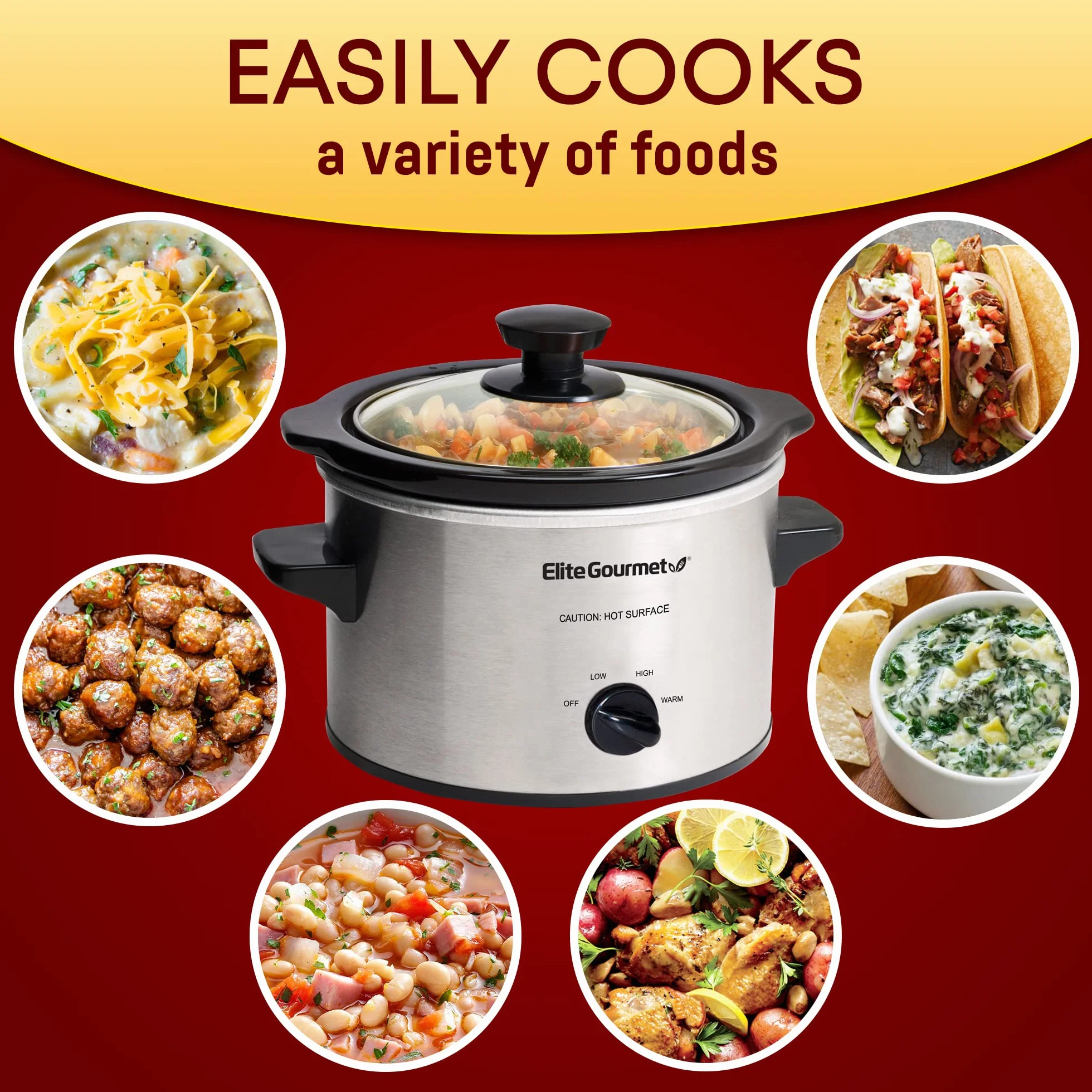 Elite Gourmet MST-250XS# Mijoteuse électrique avec cuve en céramique, température réglable, pour entrées, sauces, soupes, rôtis, plats mijotés, passe au lave-vaisselle (1,4 L, acier inoxydable)
