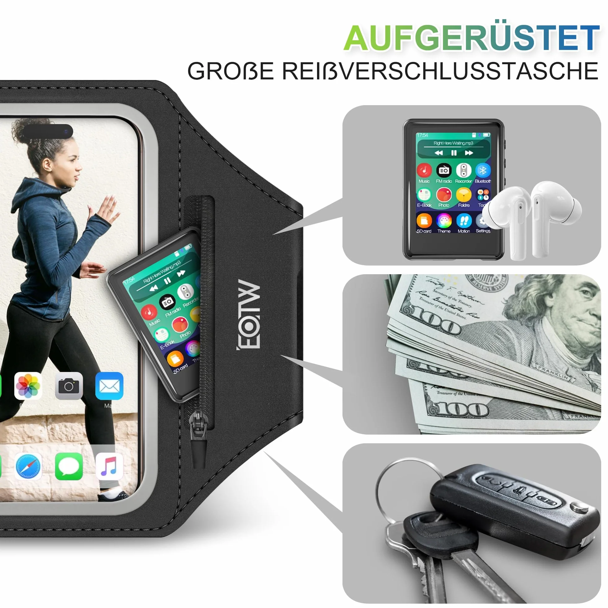 EOTW Joggen sportowa bransoletka – uchwyt na telefon komórkowy z etui Airpods do odtwarzacza MP3/iPhone 16/15/14/13 Pro Max Galaxy S24+/S23+/S22/S21 (6,0" ~ 6,7")