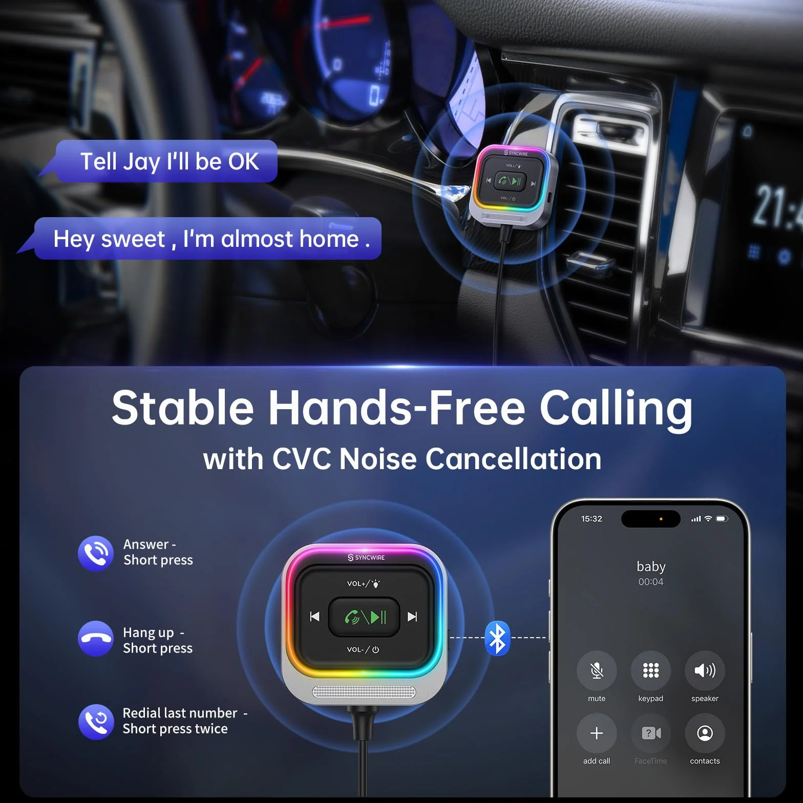 Syncwire Adapter samochodowy Bluetooth 5.4 Duży mikrofon Aux 3.5mm Jack Zestaw odbiornika Bluetooth nawijany kabel Głęboki bas HiFi Kolorowe światło
