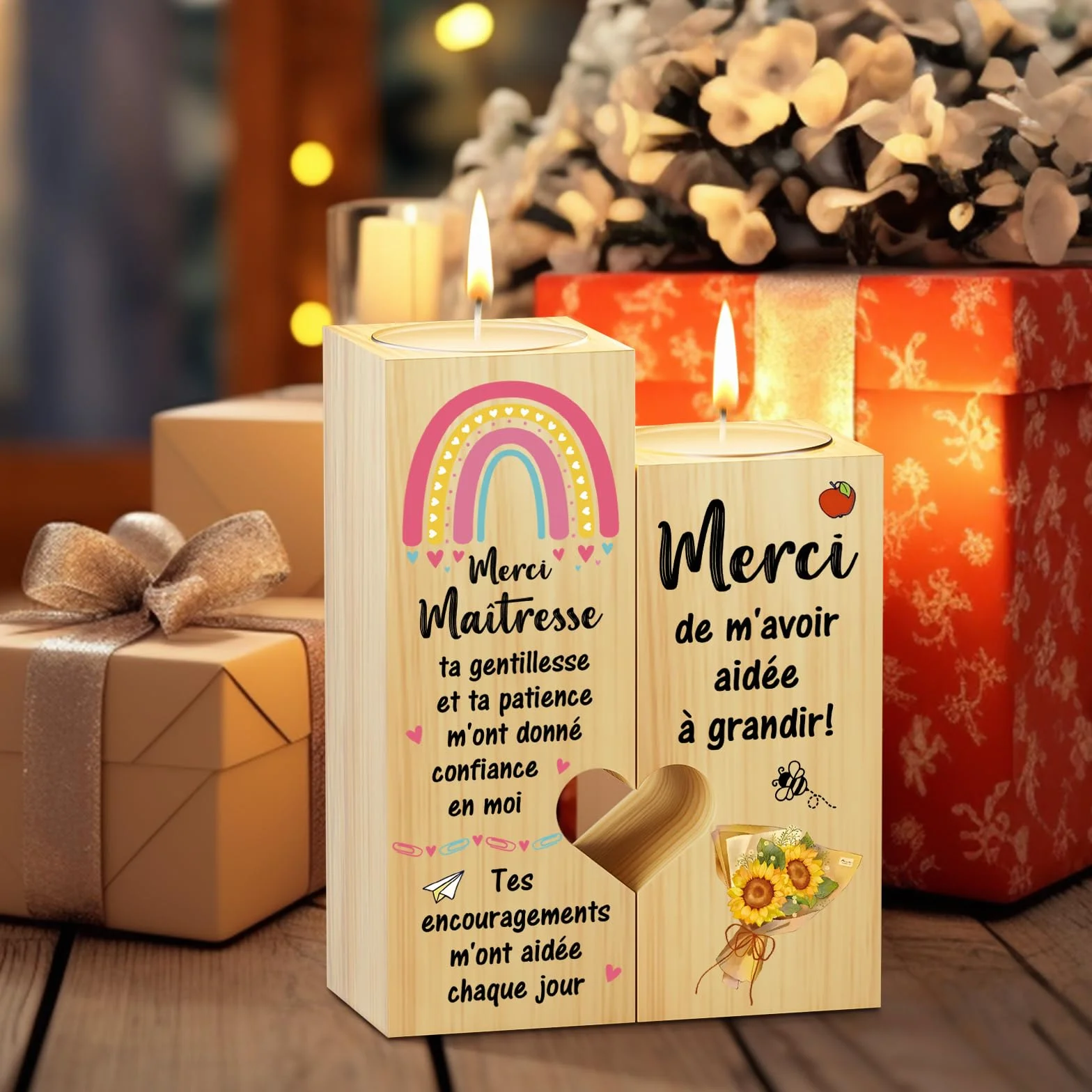 Bougeoir en Forme de Coeur Cadeau pour Maîtresse d'École, Idée Cadeaux pour Enseignante Reconnaissance Noël Fin d'Année