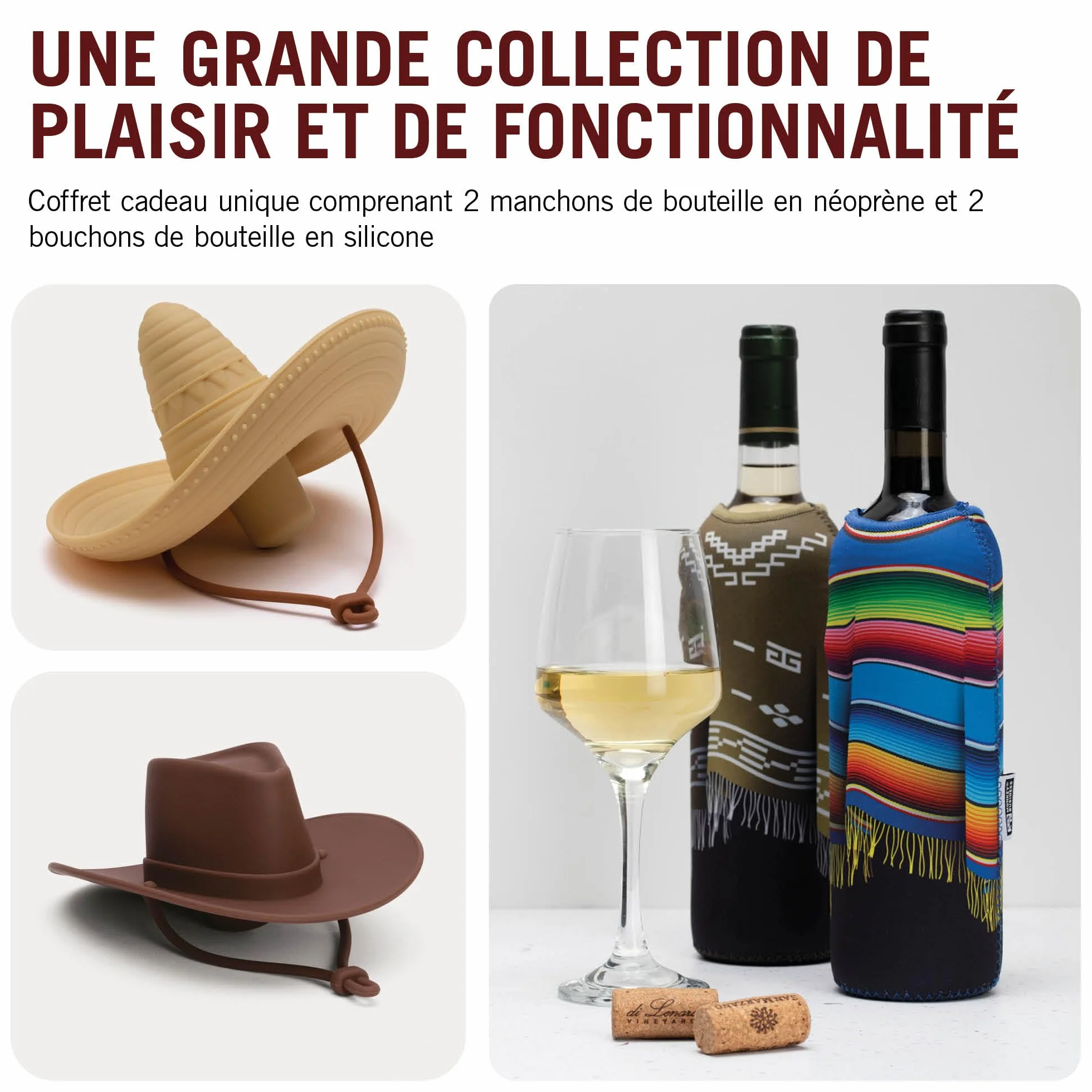 Monkey Business Coffret cadeau pour les amateurs de vin / 2 bouchons de bouteille en silicone et 2 ponchos en néoprène/isolez les bouteilles de vin et ouvrez les bouteilles pour plus tard/Wild