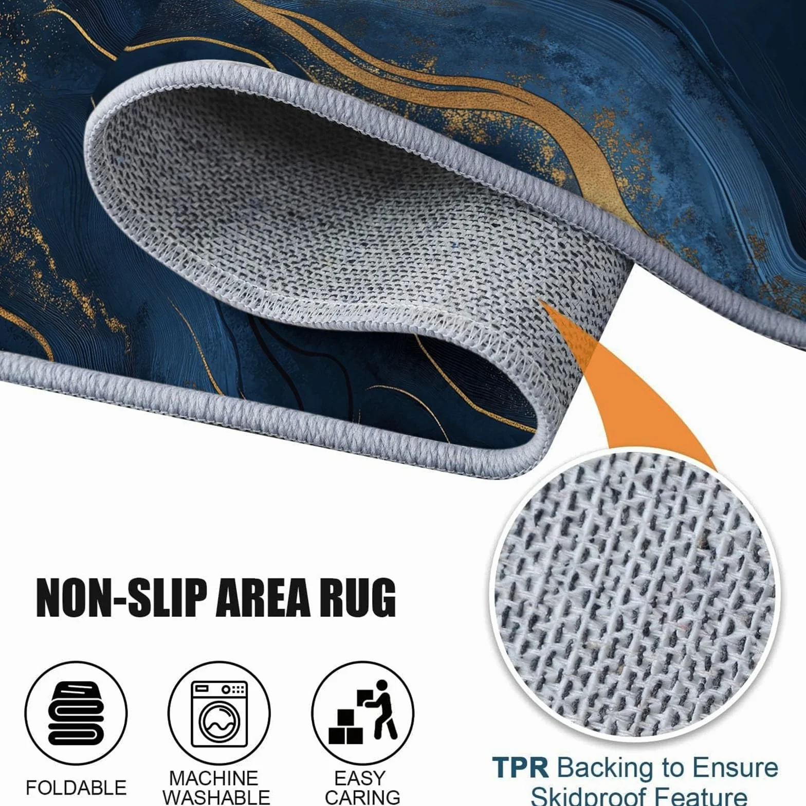 Tapis Salon Chambre Adulte Poil, Tapis à Poils Courts et denses Motif Lignes De Marbre Abstraites, Tapis Lavable en Machine Antidérapant Bleu Foncé Or, 60 x 110 cm