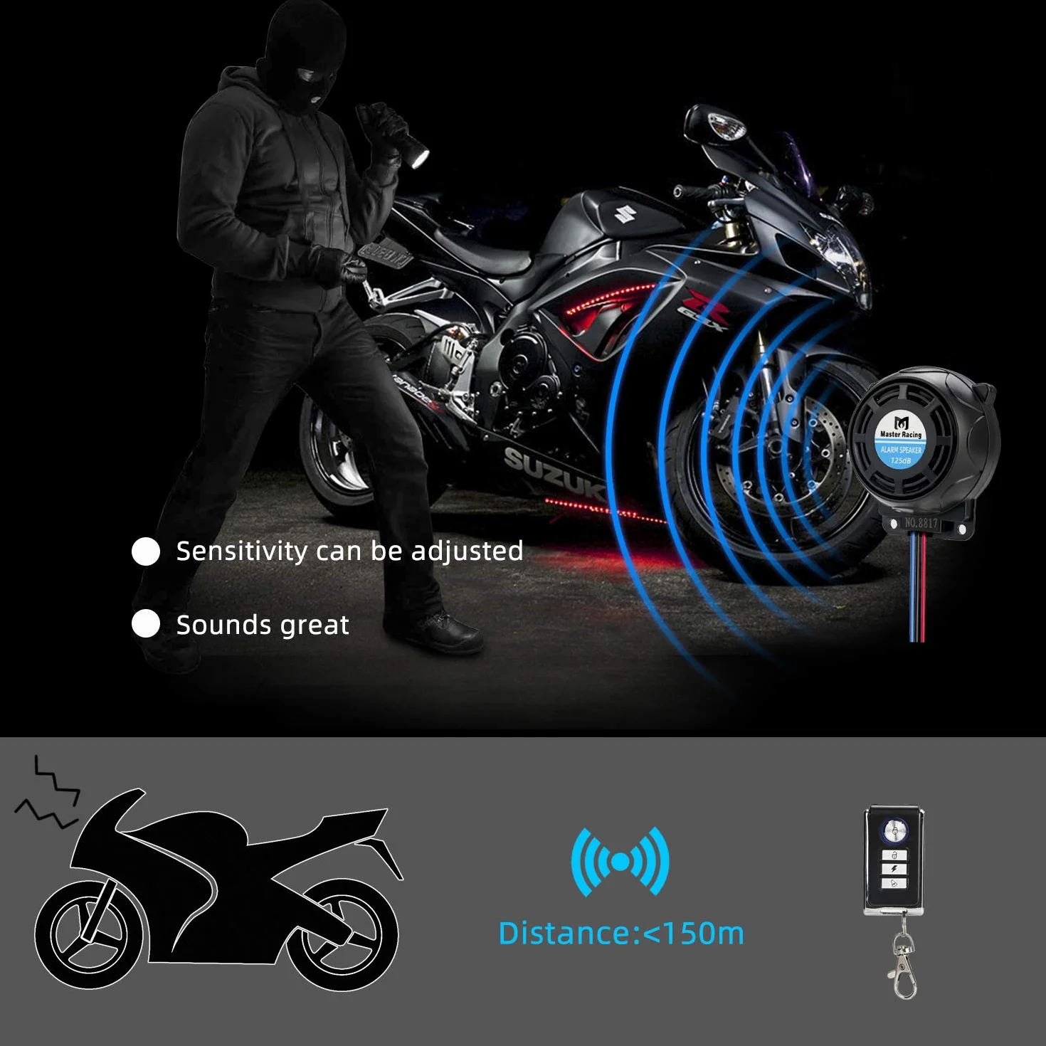 Rupse System alarmowy do motocykla, alarm z 2 pilotami zdalnego sterowania, wodoszczelny, zabezpieczenie przed kradzieżą, regulowana czułość do wszystkich skuterów i quadów o napięciu 12 V (1)