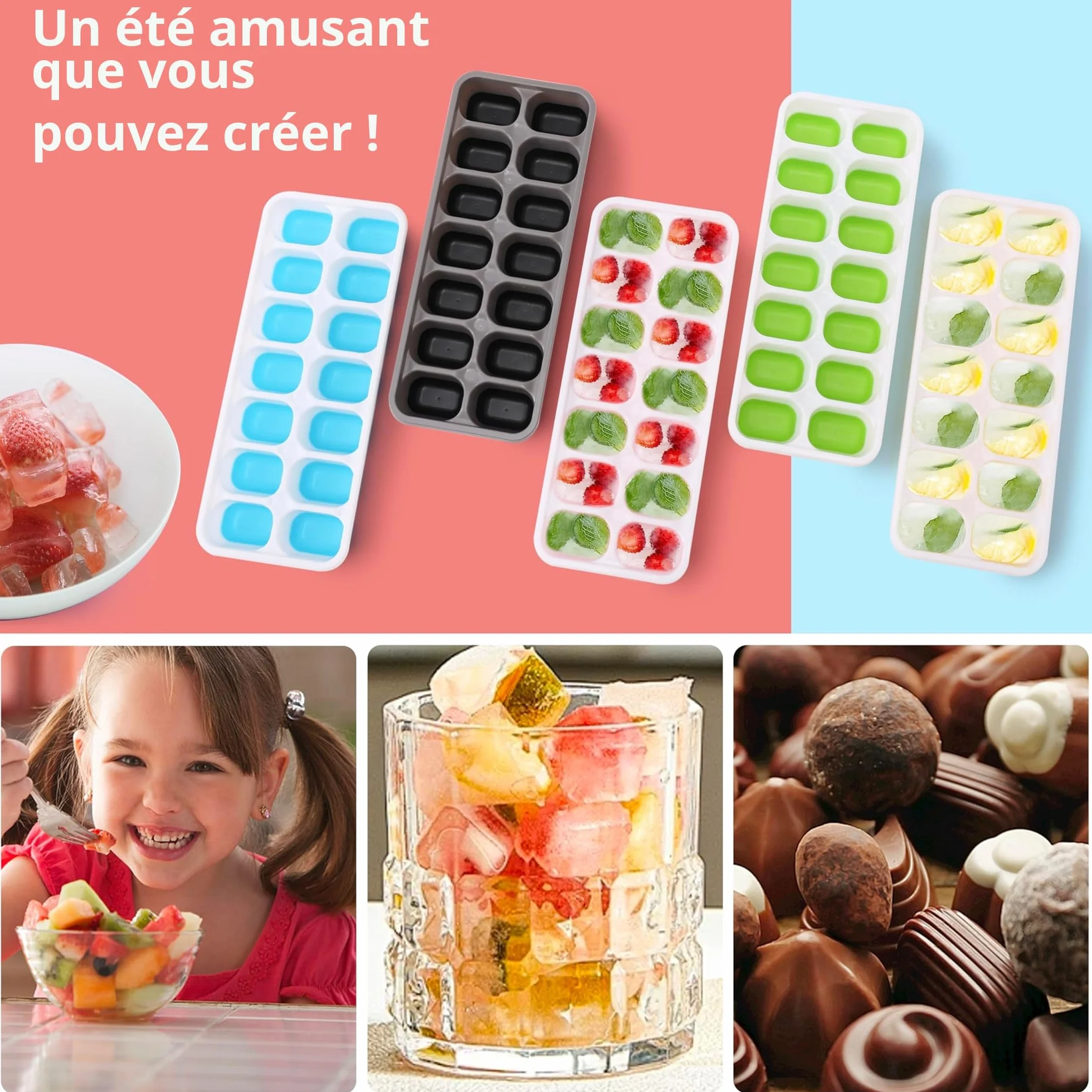 Moule à glaçons en silicone avec couvercle lot de 4 bacs empilables pour babybrei cocktail whisky café Bleu Vert Rose Jaune