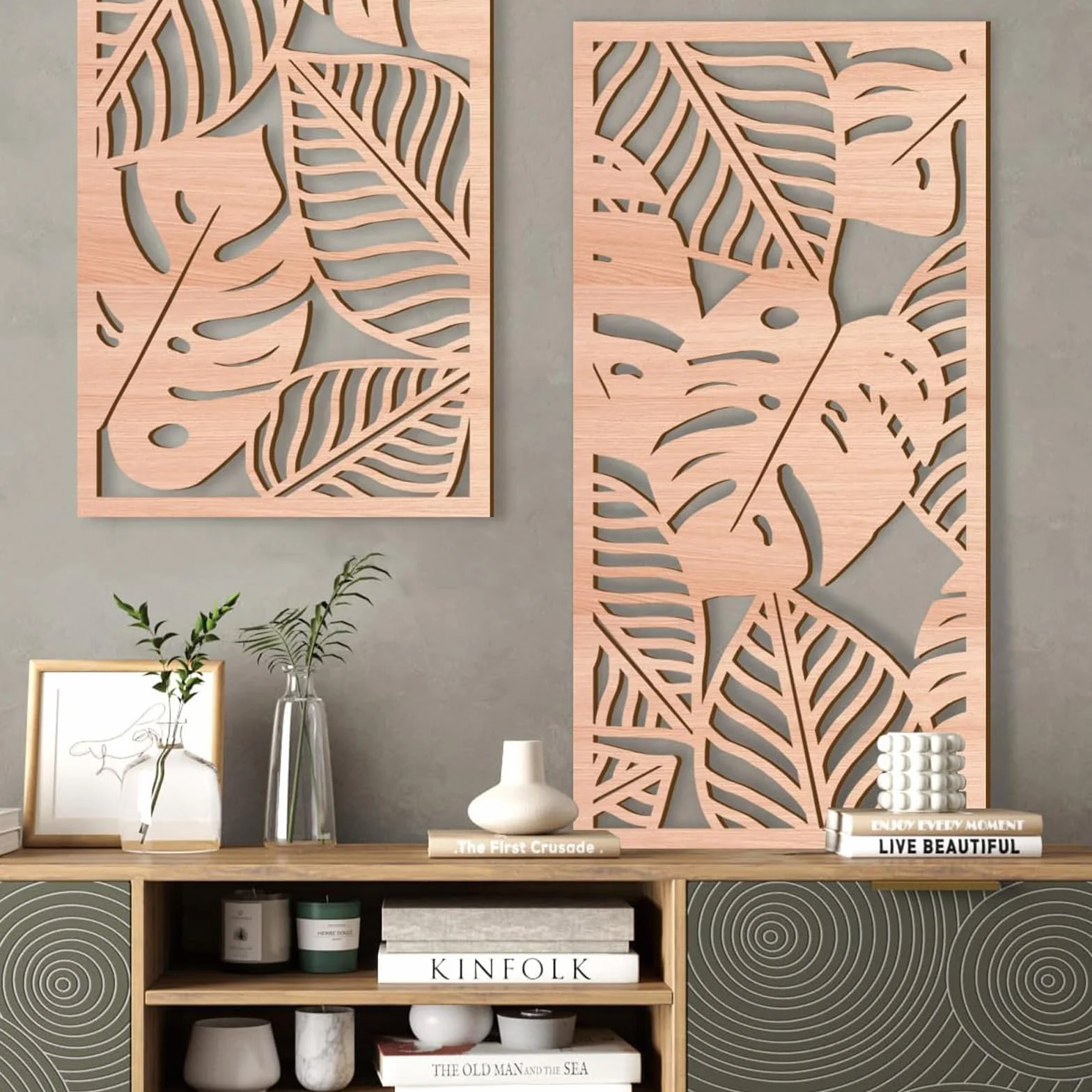 3 Pièces Sculpture Murale en Bois Naturel Monstera - Décor Mural Tropical Style Boho Chic