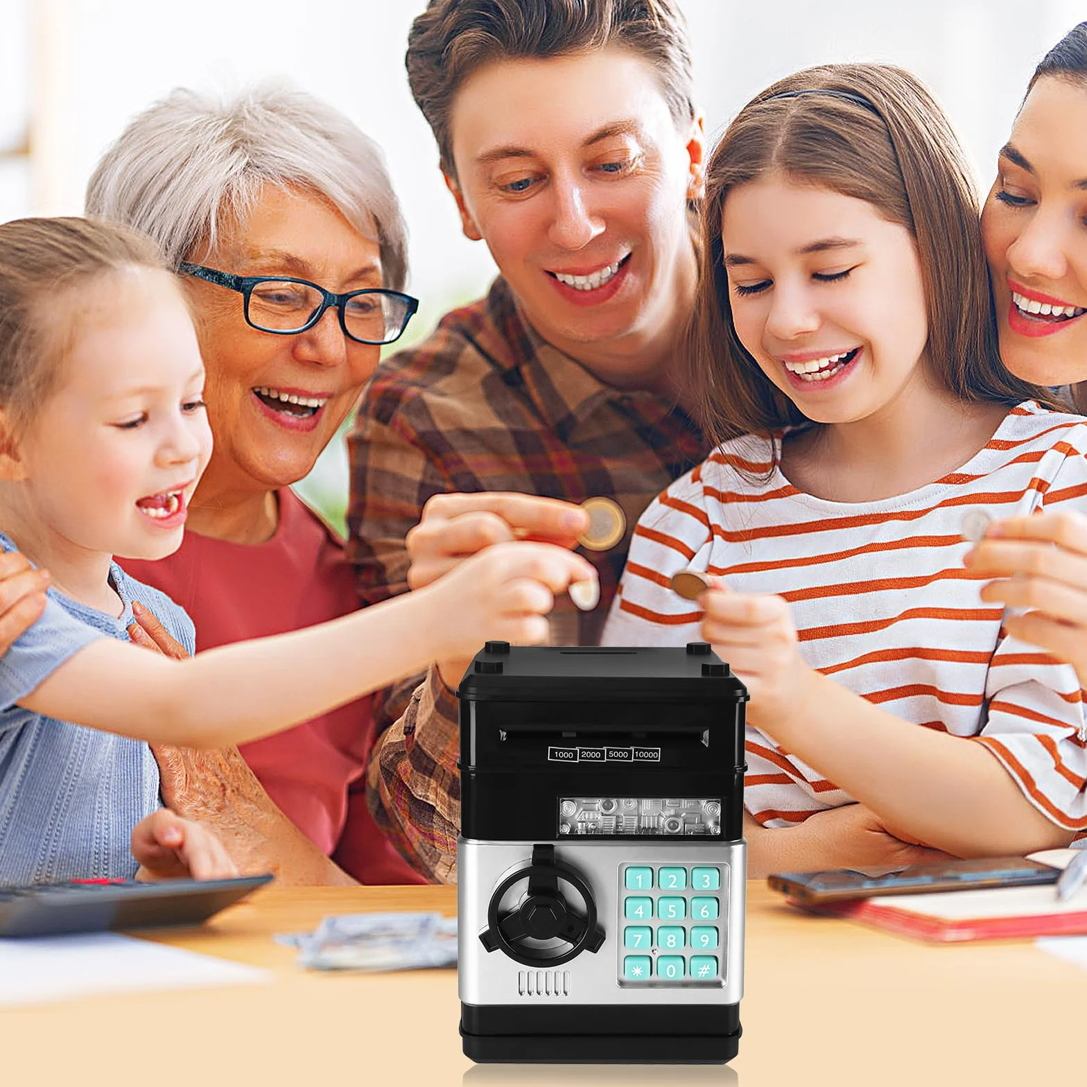 Tirelire électronique numérique ATM avec mot de passe, billets acceptés, cadeau pour enfants 3-12 ans noir