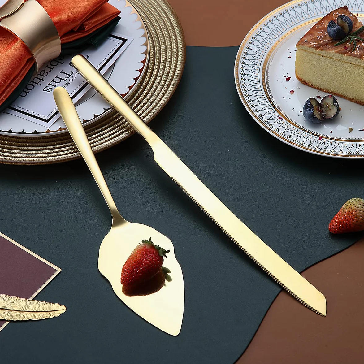 Ensemble De Coupe De Gâteau En Acier Inoxydable Pour Mariage, Or Brillant