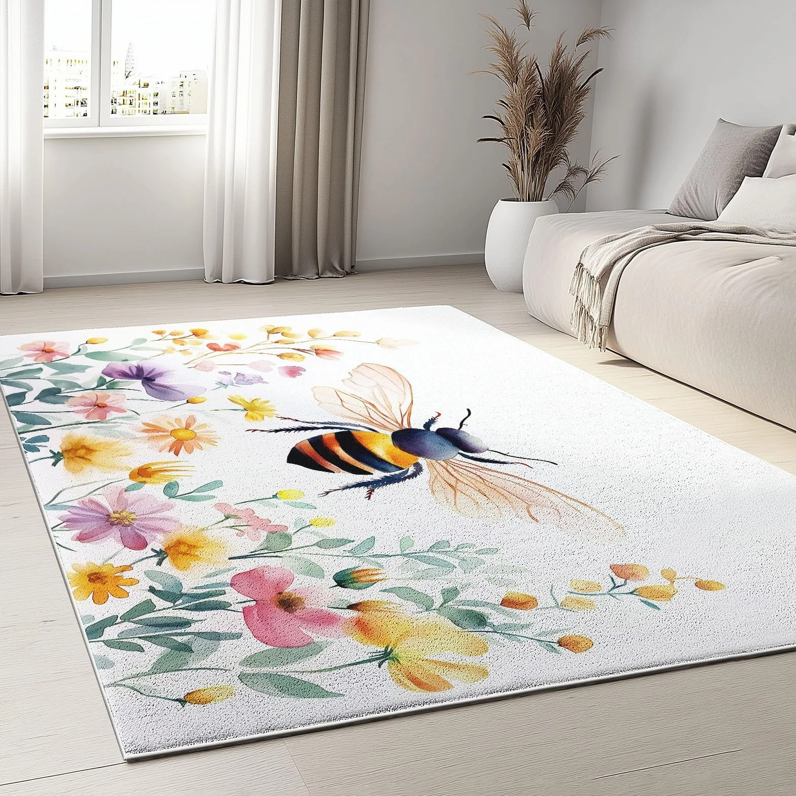Tapis Salon Poil Court Fleurs À L'Aquarelle Abeille Motif Lavable en Machine Antidérapant 140 x 200 cm
