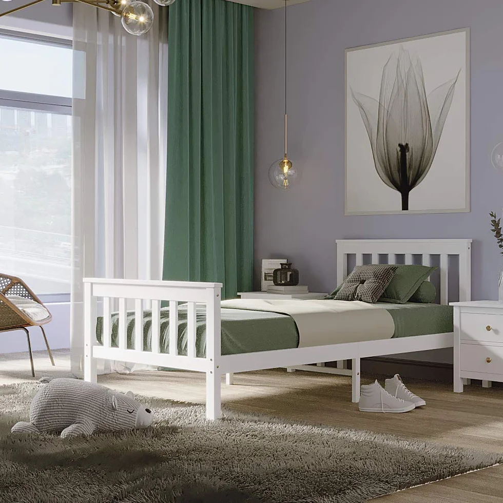 Lit Simple en Bois Blanc 98x196cm, Cadre de Lit pour Enfant/Adulte avec Sommier à Lattes, Lit de Chambre Moderne, Charge Maximale 150kg, Convient aux Matelas 90x190cm (Blanc)