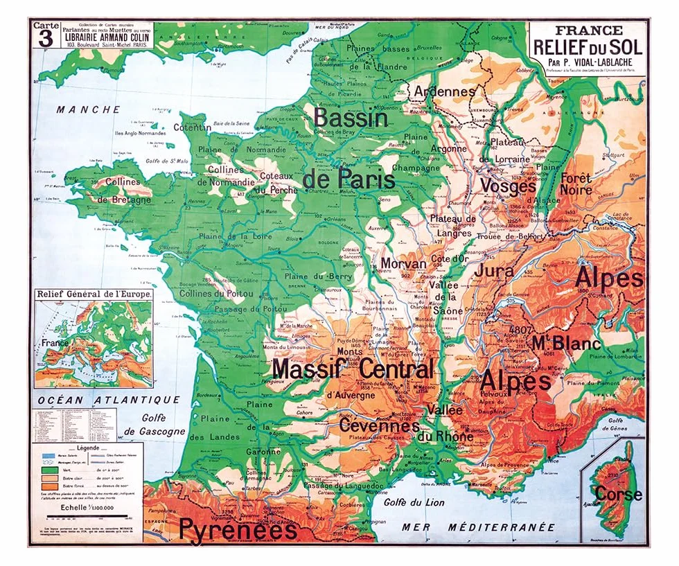 VIRTUAVIA - Affiche décorative Vidal Lablache N° 3 - FRANCE RELIEF DU SOL - 120 x 100 cm - Art Mural (reproduction) - Bâche 340 g/m²