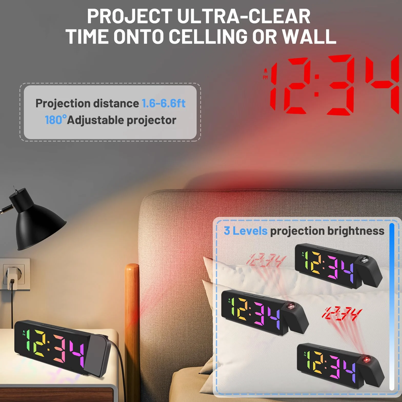 Horloge Numérique LED Réveil Projection avec Température, Snooze, Mode Nuit, Affichage 12H/24H, Noir