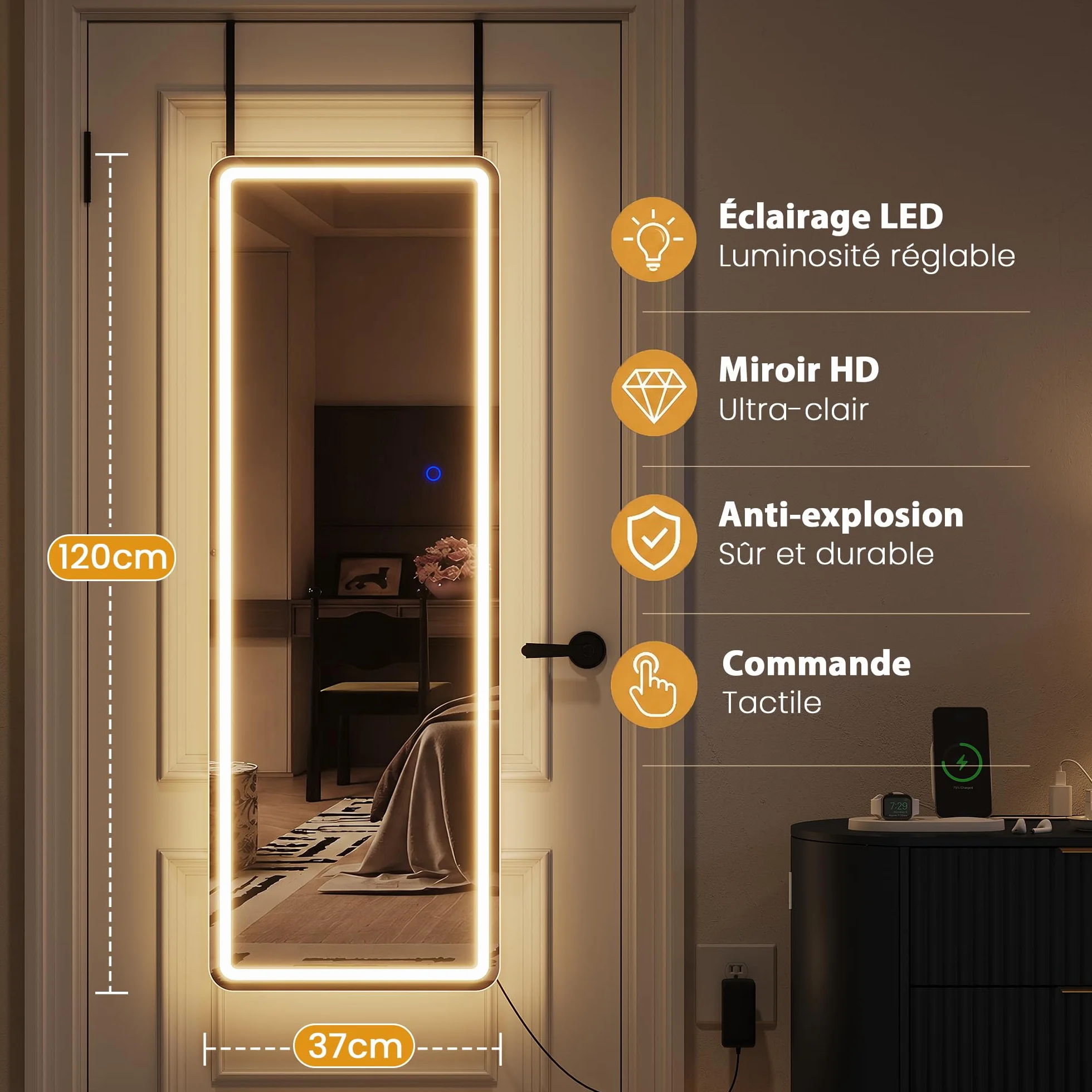 LED Miroir Mural 120x37cm Pleine Longueur avec Lumière Grand Miroir de Porte Suspendu Blanc