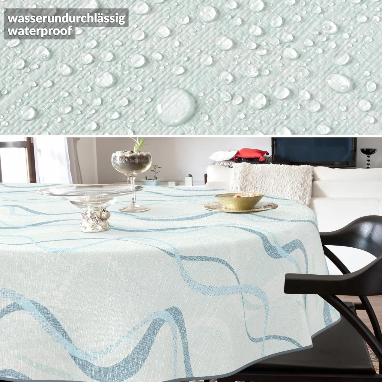 Nappe en Toile cirée Lavable Effet Lotus Imperméable Ovale 200 x 140 cm Bleue Motif Vagues