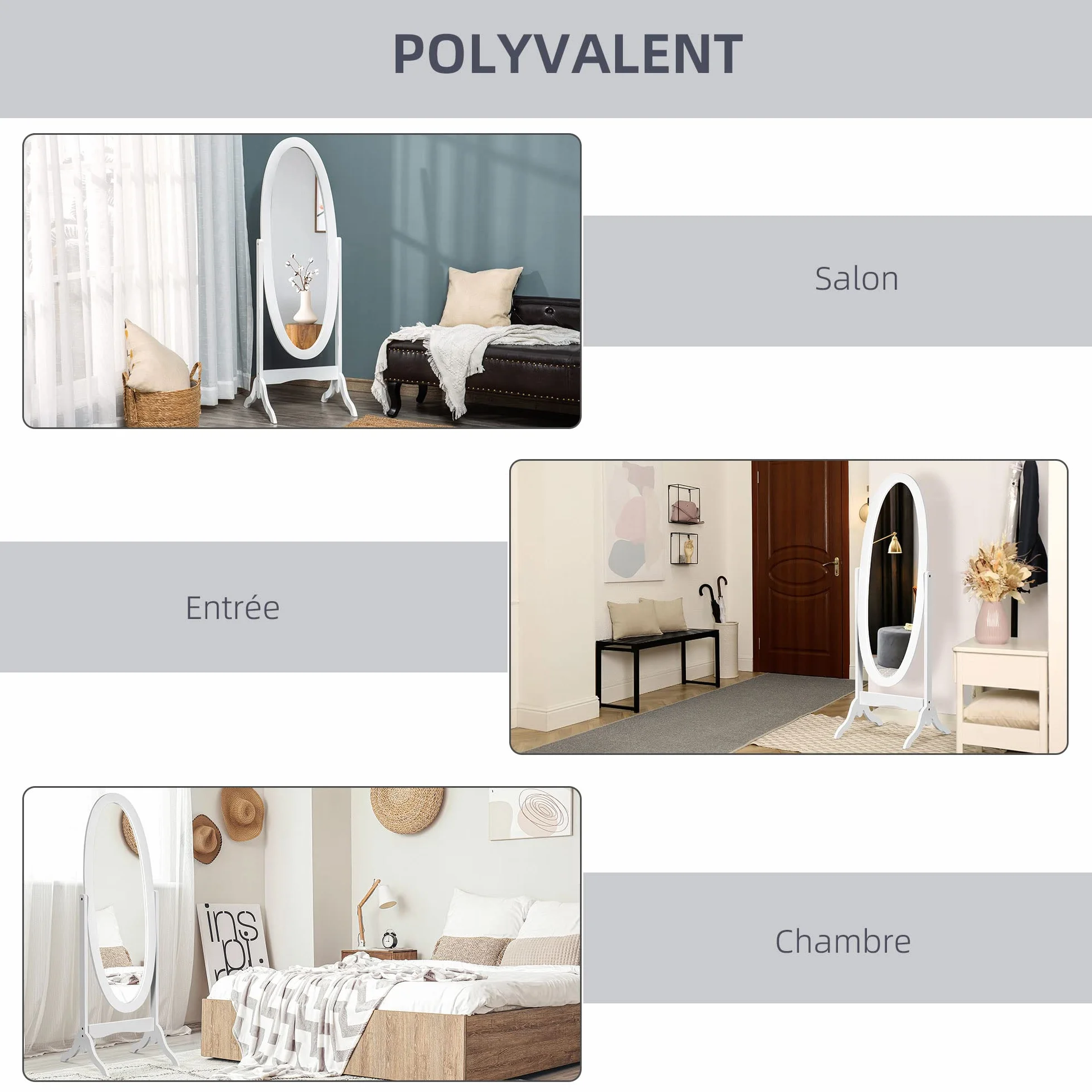 HOMCOM Miroir à Pied Ovale Style Shabby Chic Inclinable 48x46x147 cm MDF Blanc