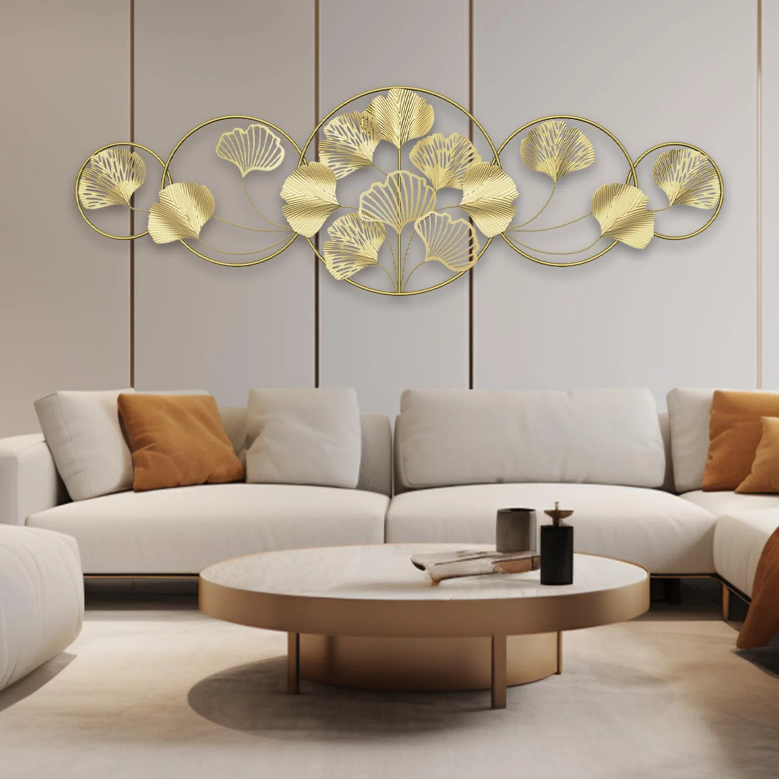 QHENS Decoration Murale Metal Doré, Decoration Murale Salon de Ginkgo 128 x 43 cm, Deco Murale Salon, Feuille Réglable, pour Salle D'étude Chambre à Coucher Hôtel
