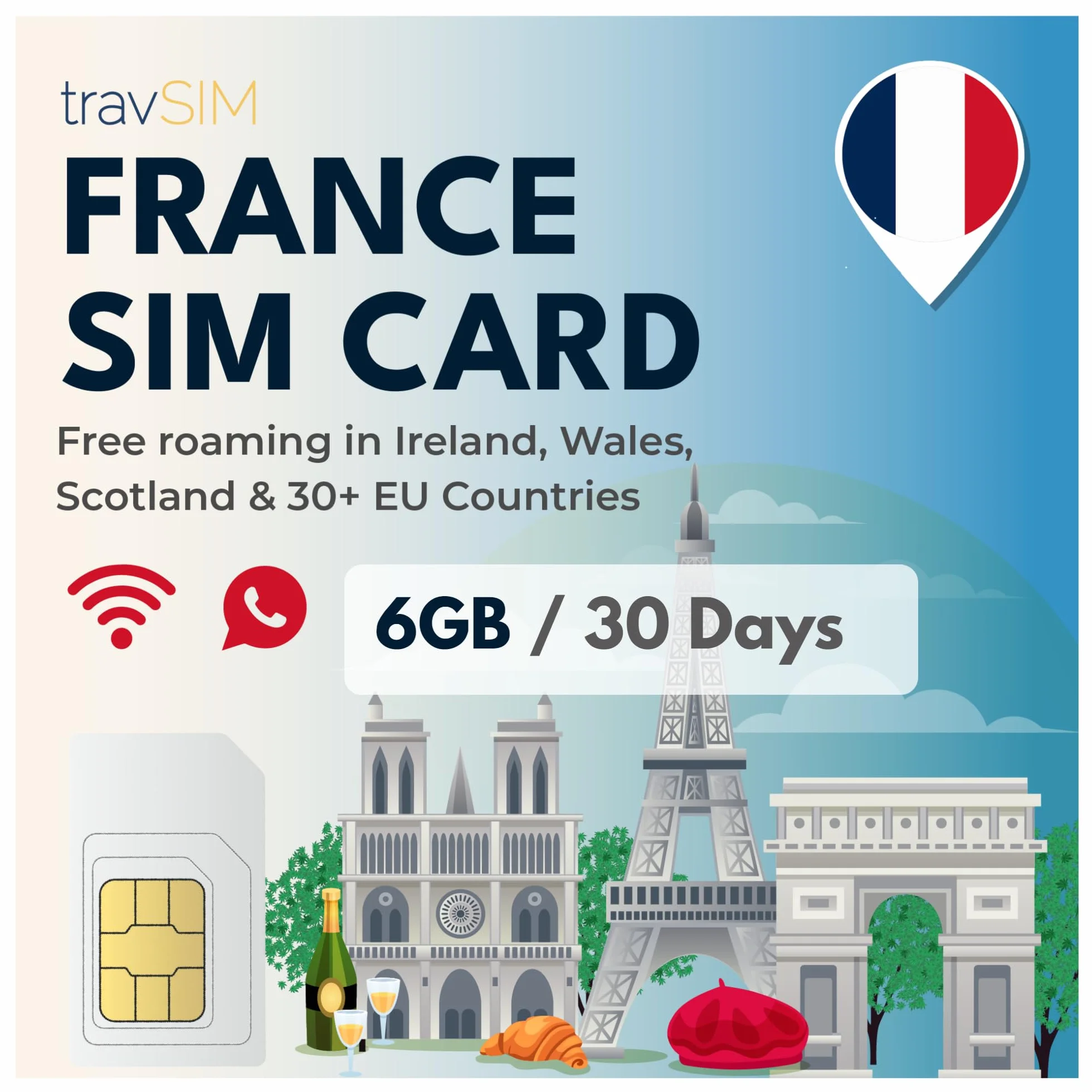travSIM Karta SIM Francja |6 GB danych/prędkość 4G/5G |Nielimitowane połączenia |Używaj karty SIM w Wielkiej Brytanii w ponad 30 krajach UE |Plan na karcie SIM dla Francji jest ważny przez 30 dni