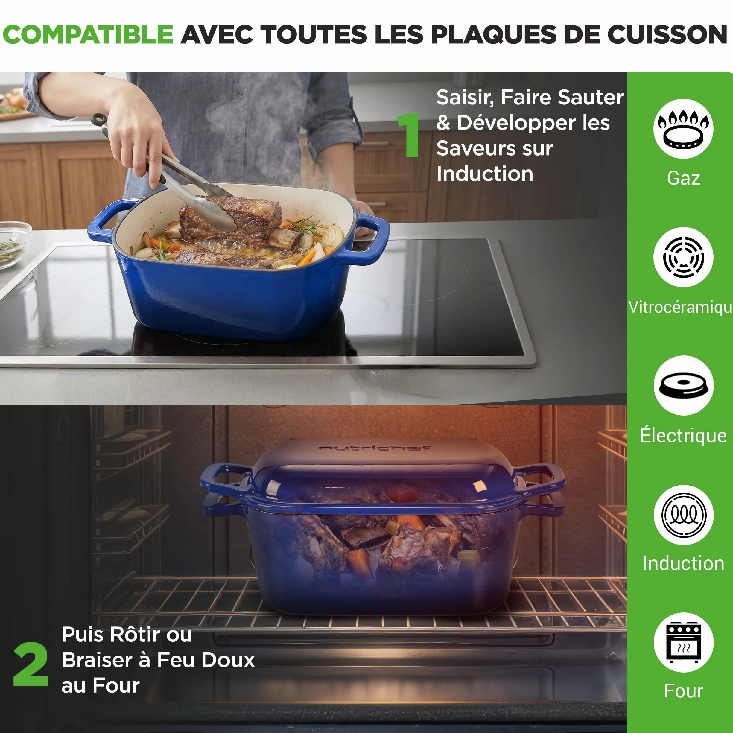 NutriChef Moule à Pain en Fonte Émaillée avec Couvercle – Cocotte Ovale Dutch Oven 2,7 L pour Pain au Levain, Pain Artisanal, Cuisson Vapeur, Rôtir, Mijoter, Four 260 °C, Gants Silicone