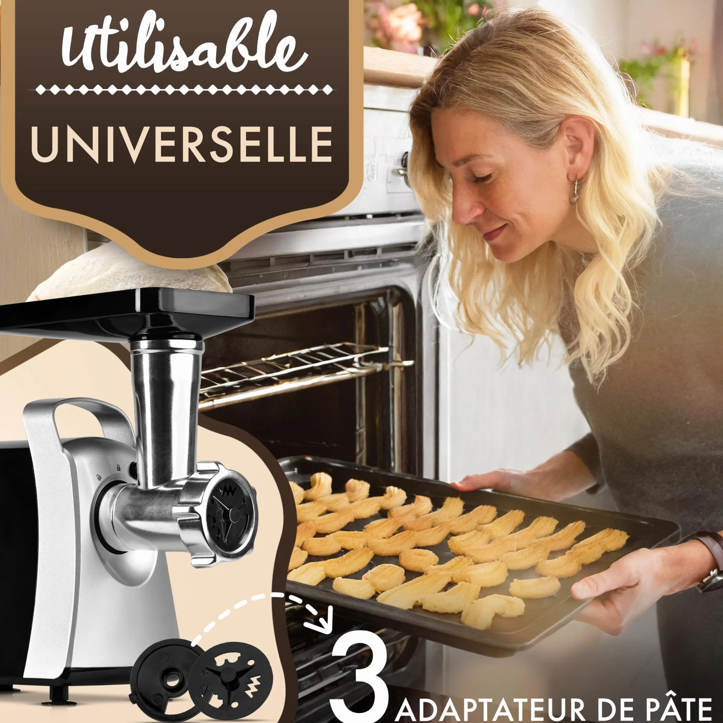 Clatronic® Hachoir à viande 1000 W | avec embout pour biscuits/pâtisseries | Hachoir à viande électrique | 3 disques perforés en métal | marche avant et arrière | avec remplissage à saucisses | cou