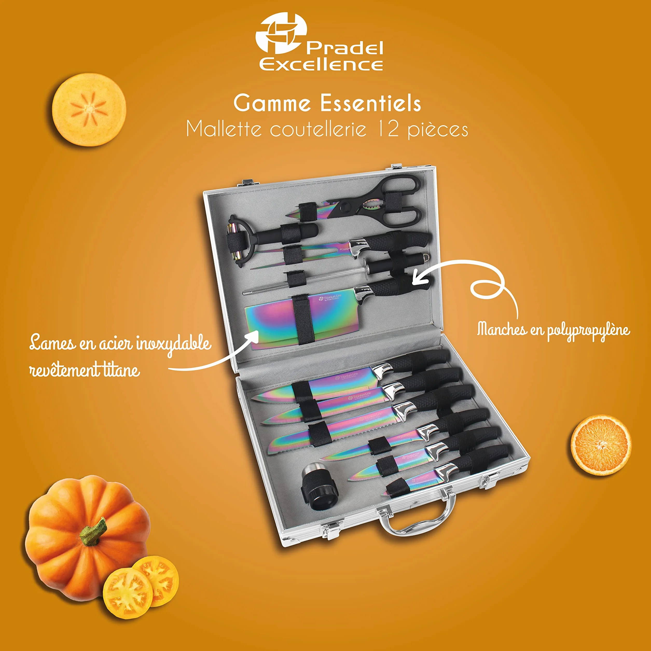 Pradel Excellence - PCOT001004 - Mallette Couteaux 12 Pièces - Lames Inox Revêtement Titane - Manches Polypropylène Soft-Touch - Coutellerie Essentiels - 1,99 kg, Grain