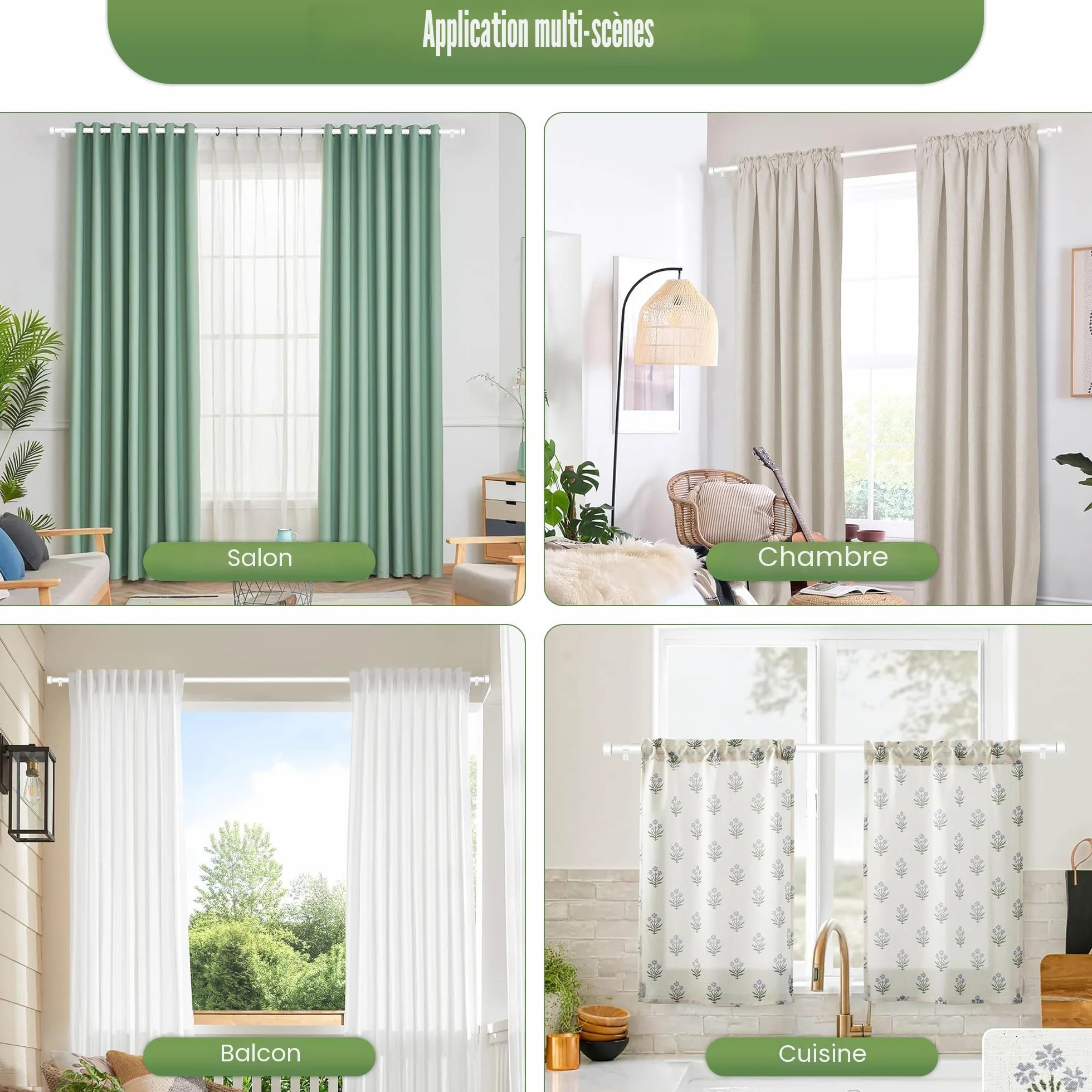 Barre à Rideaux Extensible Blanc 63-183cm 16mm avec Embouts Simples et Supports