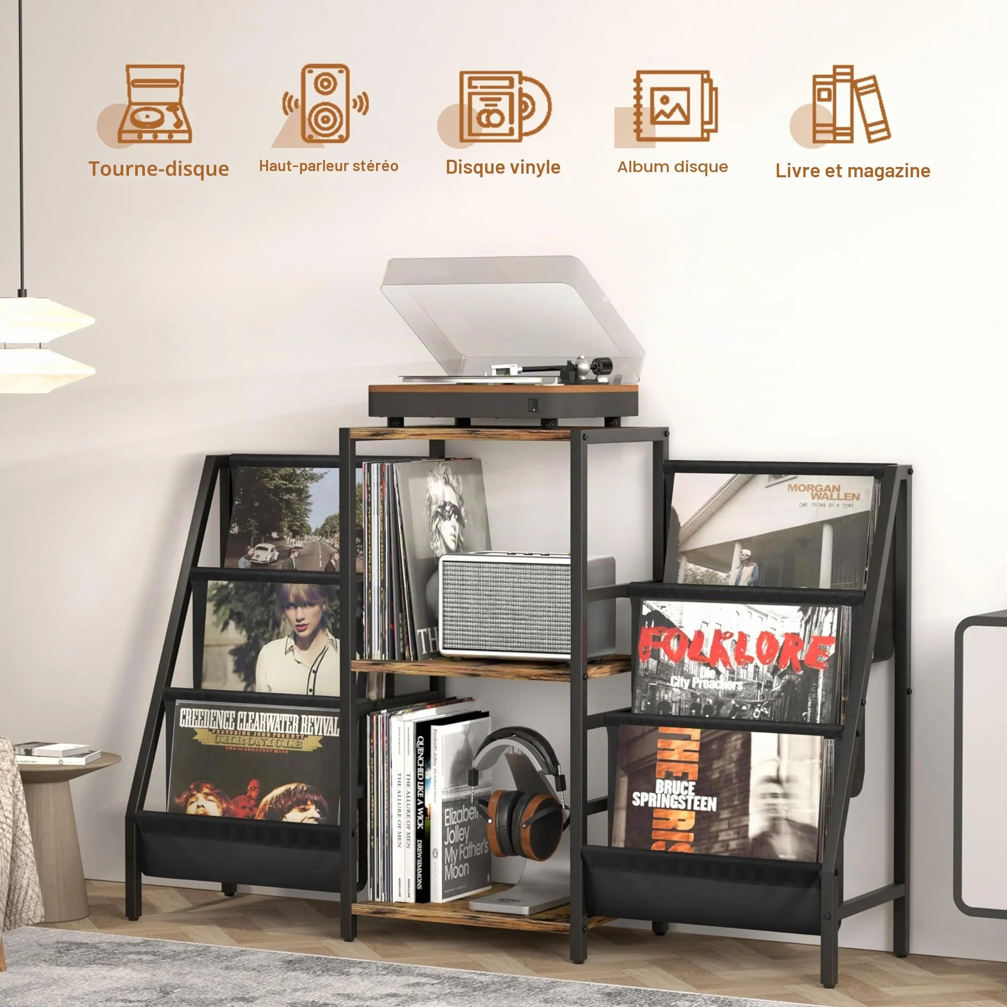 Bikoney Meuble Platine Vinyle avec Rangement pour 280 Albums, Support de Tourne-Disque avec Étagères de Stockage, Table pour Lecteur Vinyle et Système Stéréo, Style Rétro pour Salon