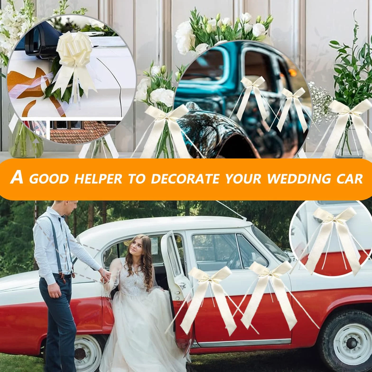 80 Pcs Decoration Voiture Mariage Beige Ruban Noeud