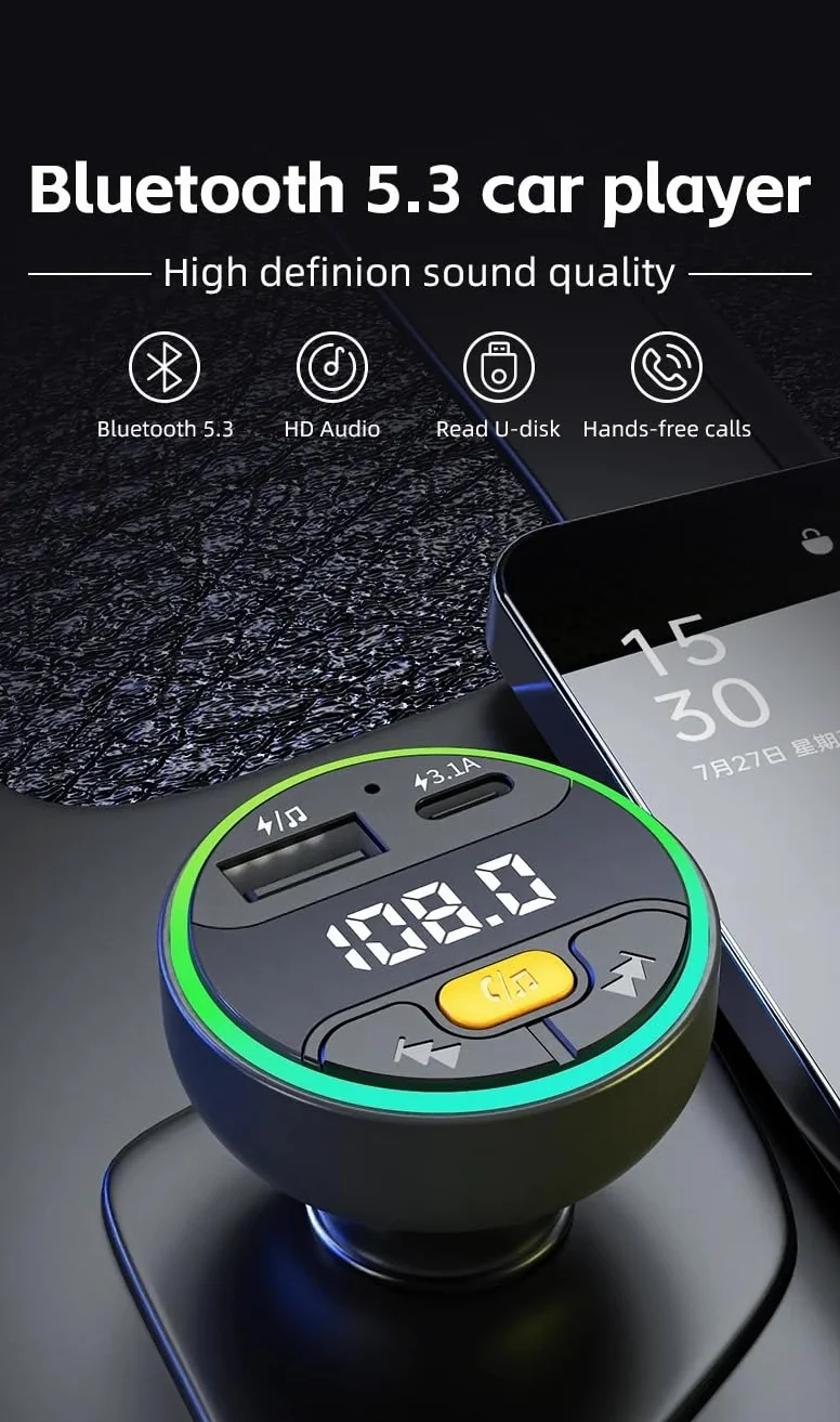 Samochodowy transmiter FM Bluetooth 5.3 Handsfree Wireless Car Kit USB C, ładowarka samochodowa, radio Fm, modulator MP3, adapter