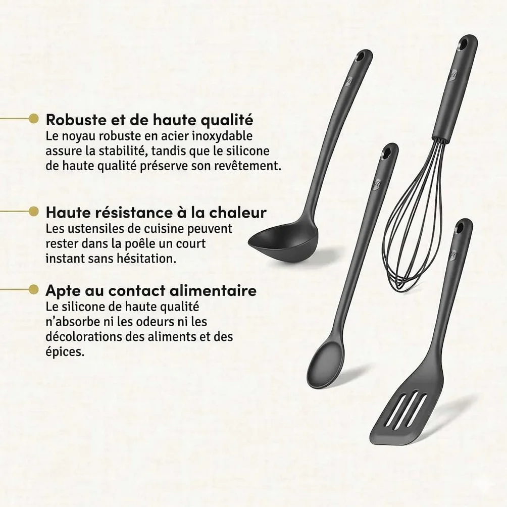 Hoffmann Set Ustensiles de Cuisine 5 Pièces, Anthracite, Silicone Âme Inox, Fouet, Spatule, Cuillère, Louche avec Support, Lave-Vaisselle, Résistant Chaleur, Antiadhésif