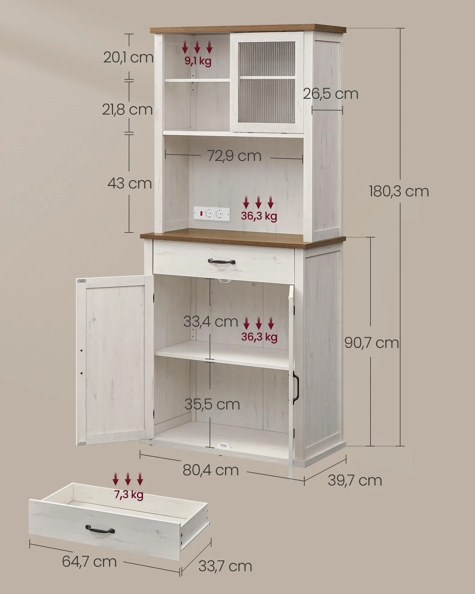 VASAGLE Meuble de Rangement avec Lumières et Chargeur, Placard de Cuisine, avec Portes et Tiroirs, 39,5 x 80,4 x 180,6 cm, Étagères Réglables, Style Campagne, Blanc Rustique et Marron Miel BBK363W22V1