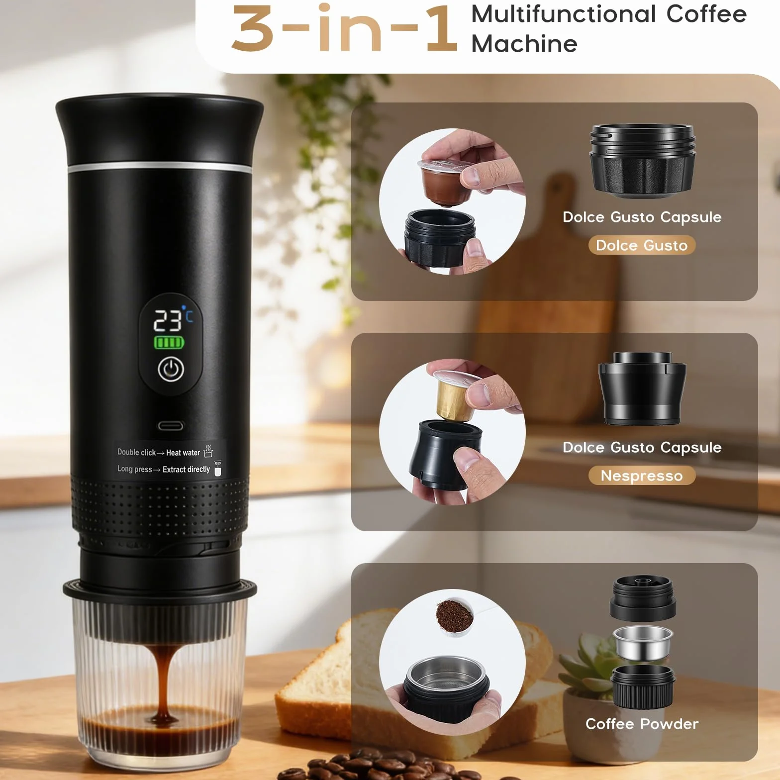Machine a Cafe Portable 20 Bar, 3 en 1 Machine a Café Portable Cafetiere Portable Rechargeable Compatible avec Capsules, Café Moul, Machine Expresso Portable Nespresso pour Camping, Voyage