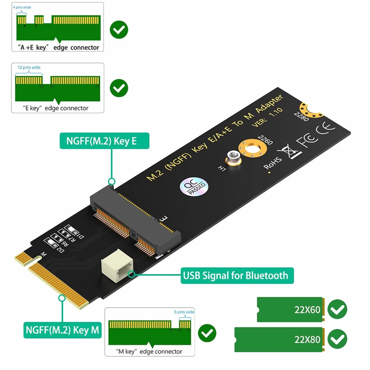 Karta M.2 NGFF A E Key WiFi Bluetooth 4.2 do Adaptera M.2 Key M SSD, Bezprzewodowa Karta WiFi NGFF A/E-Key do Adaptera M.2 NGFF Key-M NVME SSD do AX200/AX201/AX210