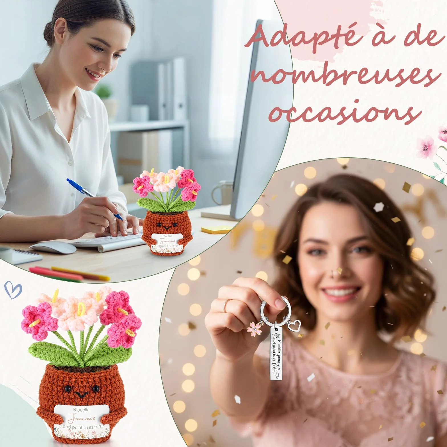 Porte-Clés au Crochet Plante en Pot avec Carte de Vœux Fleurs Séchées Coffret Cadeau